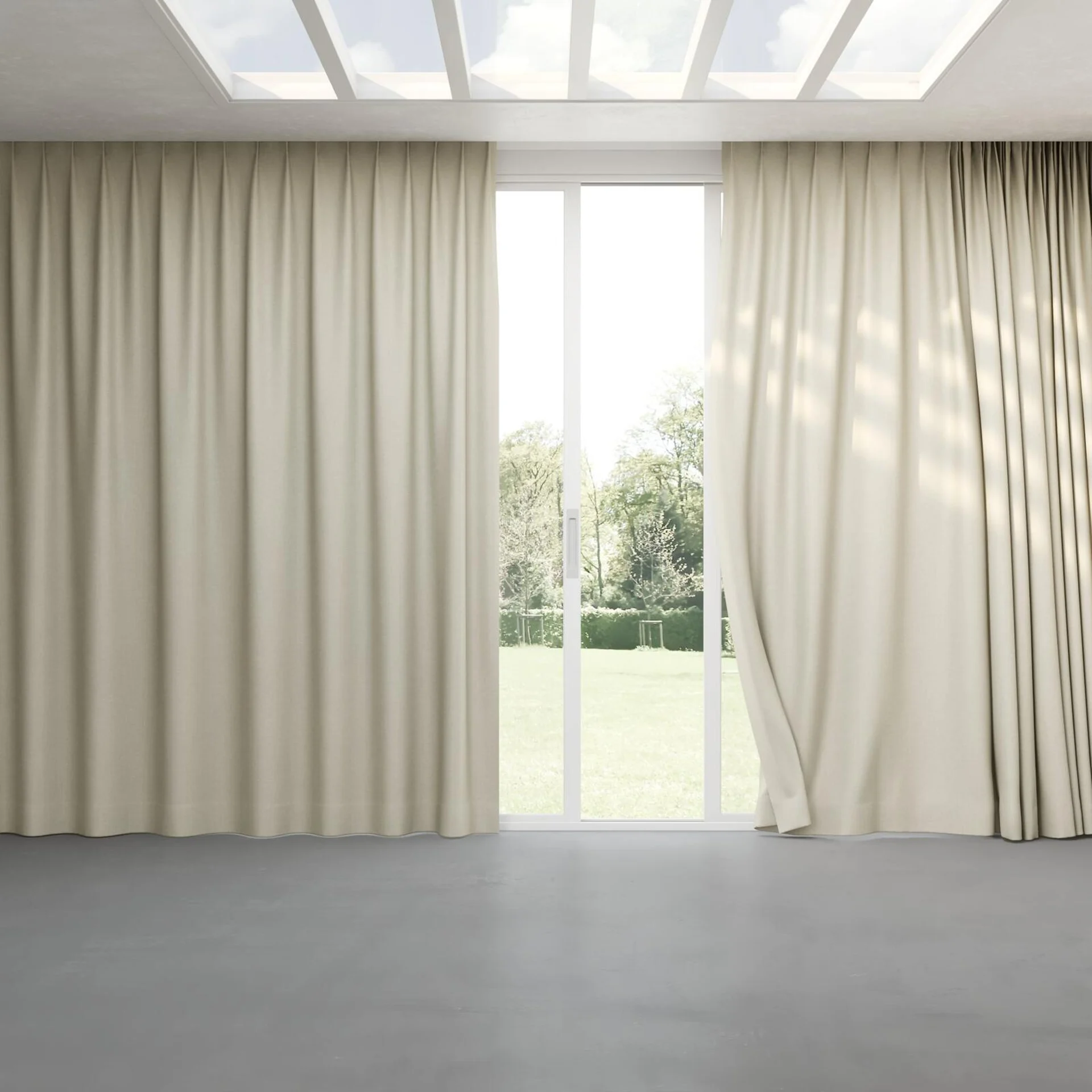 Full view of Cushy Sesame, pinch pleat