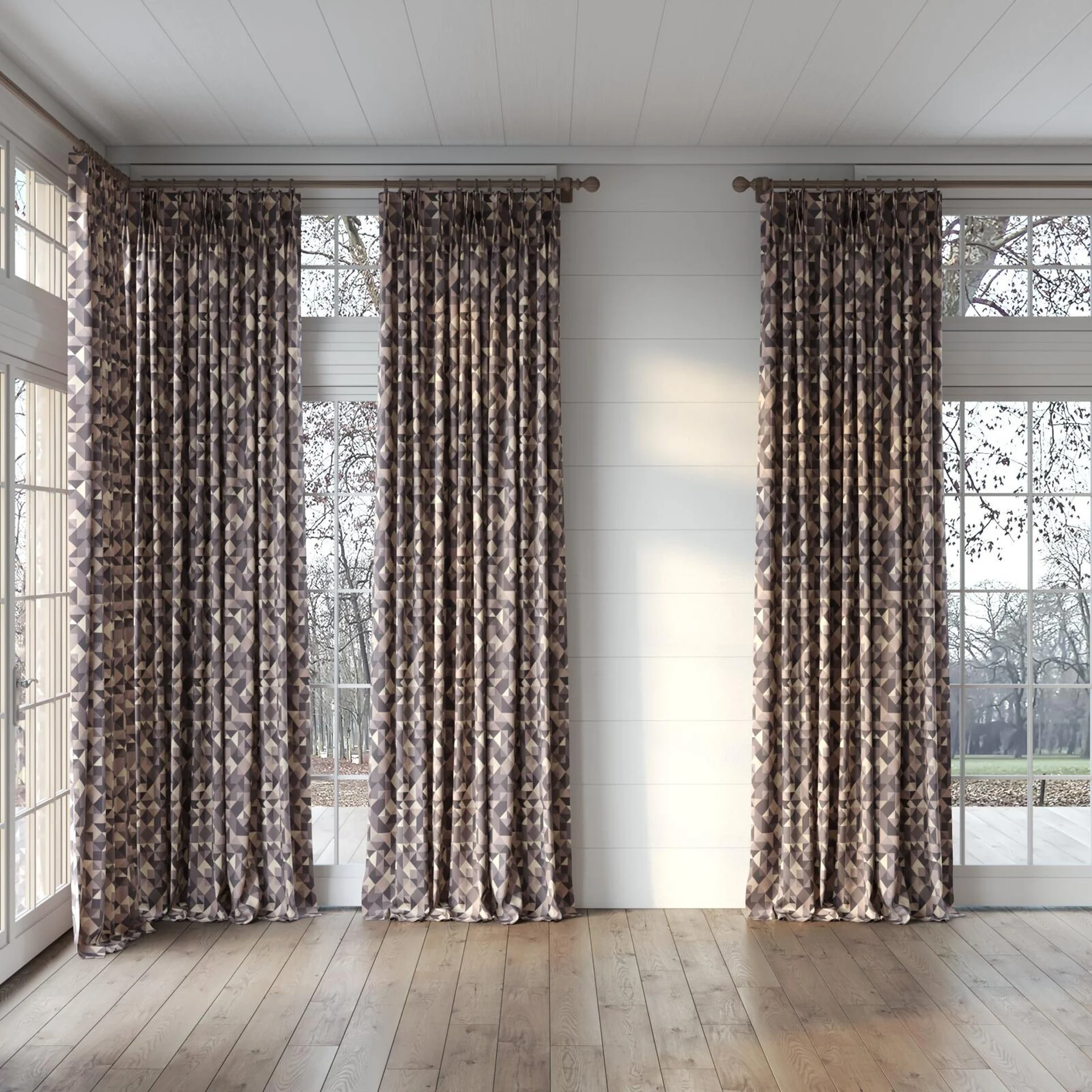 Full view of Junko Parma, puddled, on curtain rod