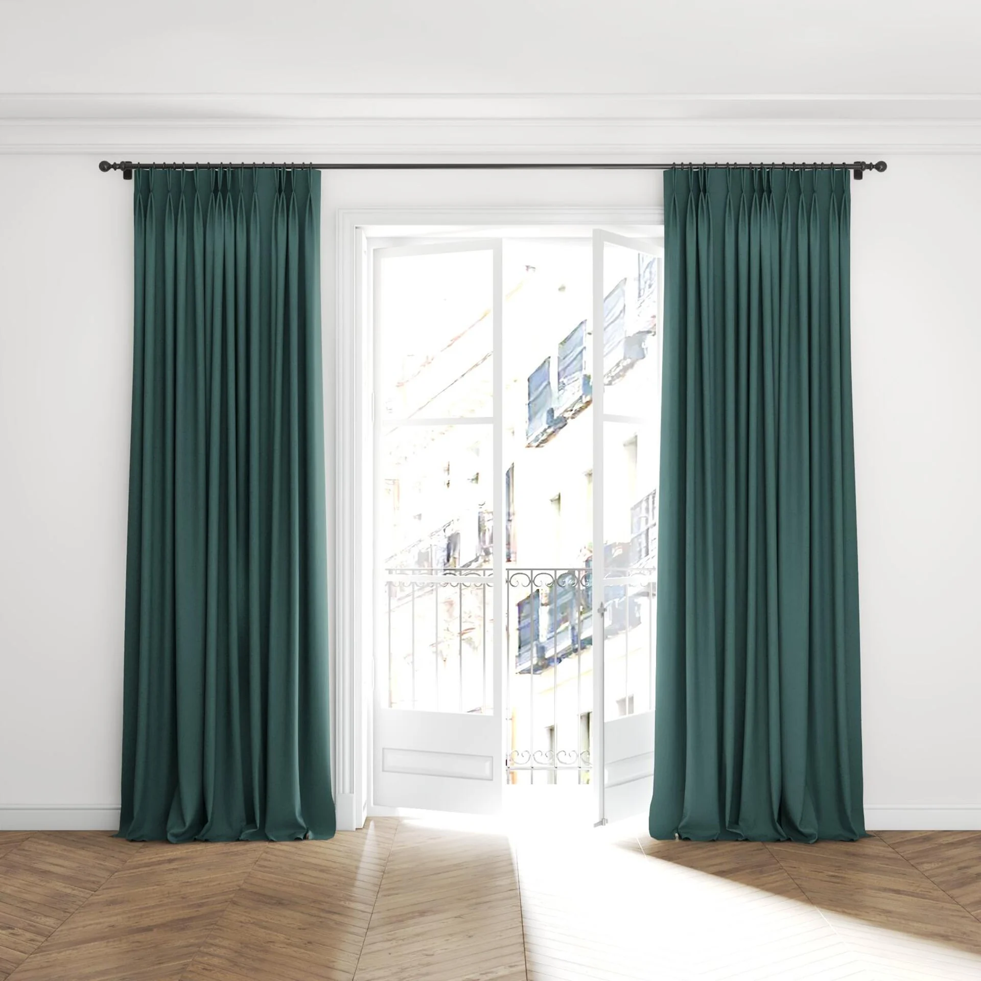 Full view of Northstar Peacock, puddled with pinch pleat, on curtain rod