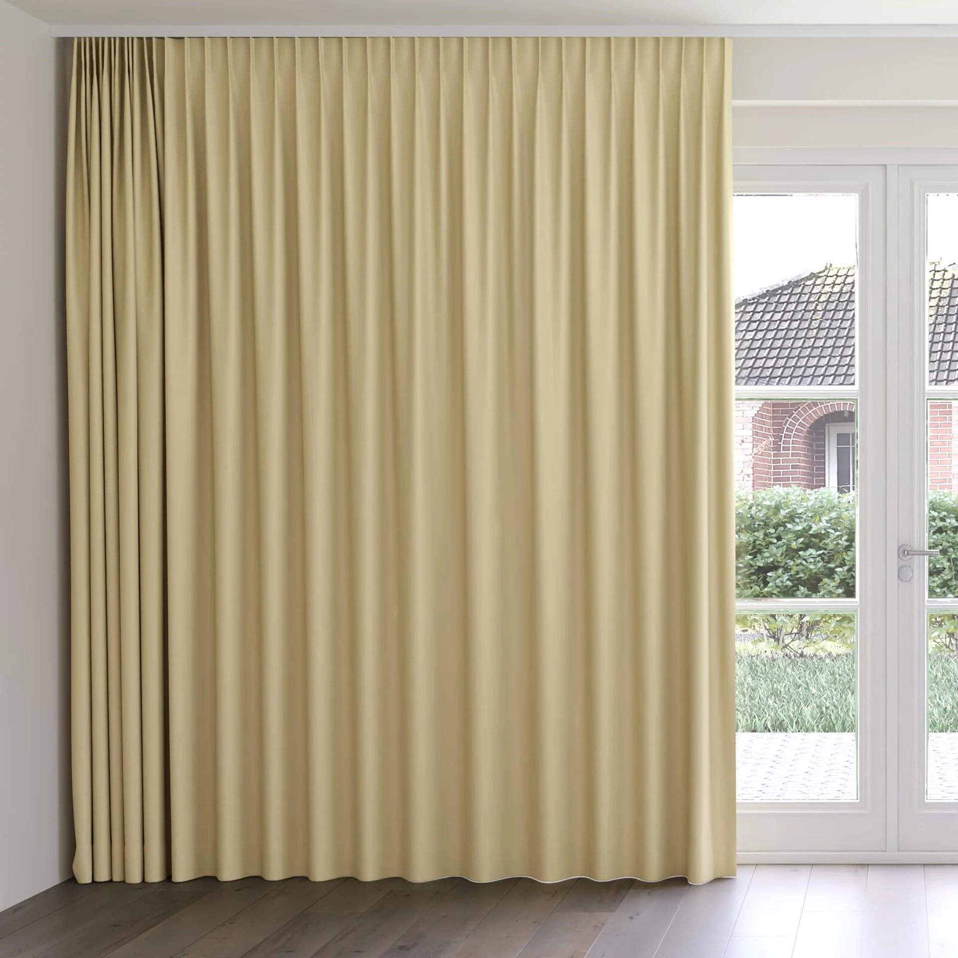Front view of Blockbuster Beige, on curtain rail
