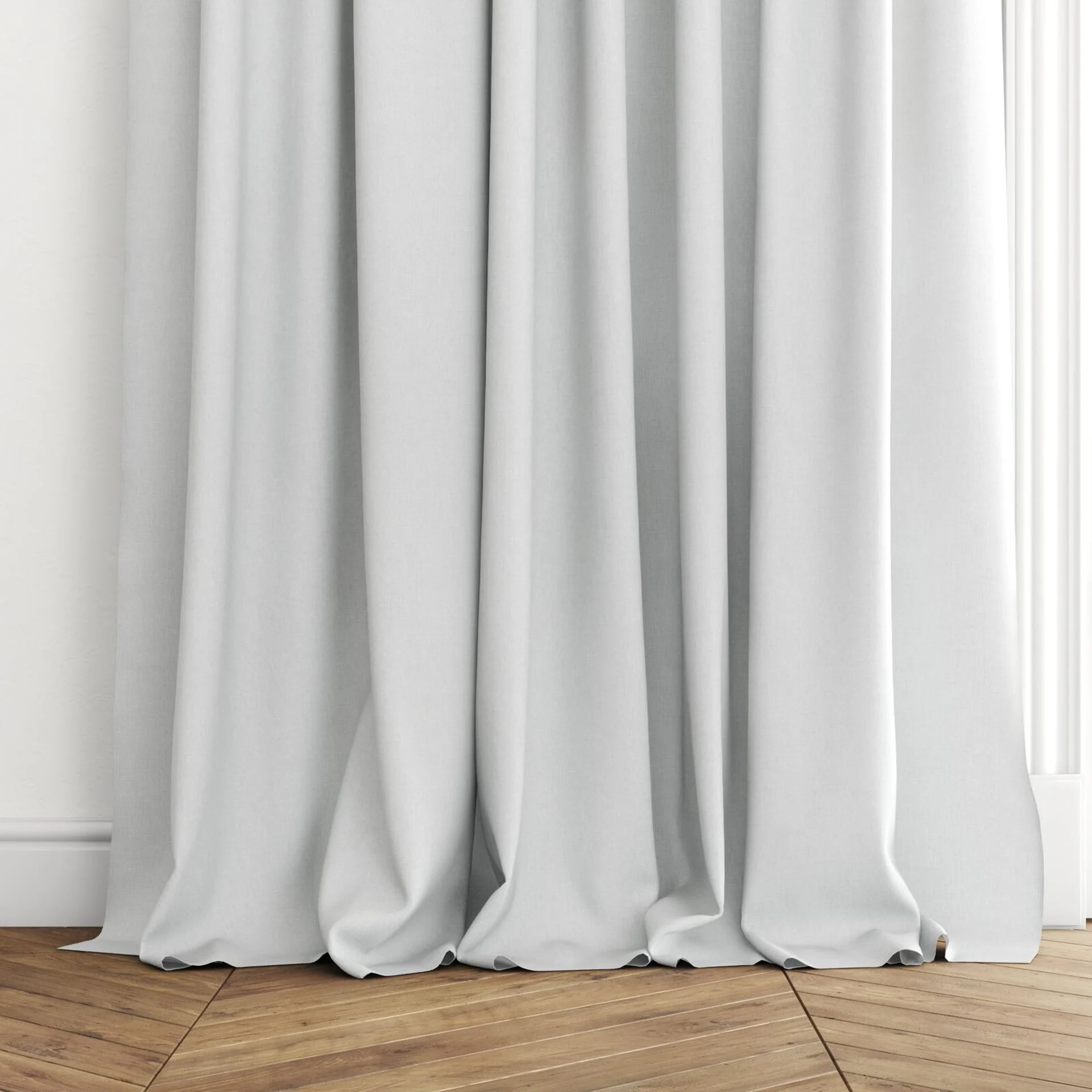 Bottom view of Ophelia Fog, puddled with pinch pleat, on curtain rod