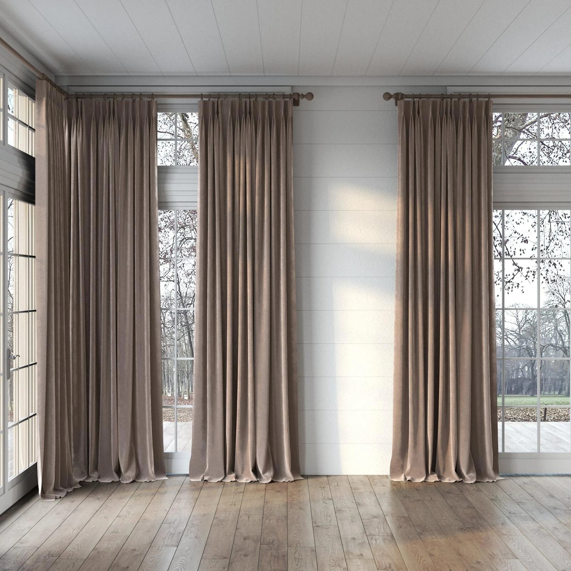 Full view of Lux Velvet Dusk 8704, puddled, on curtain rod