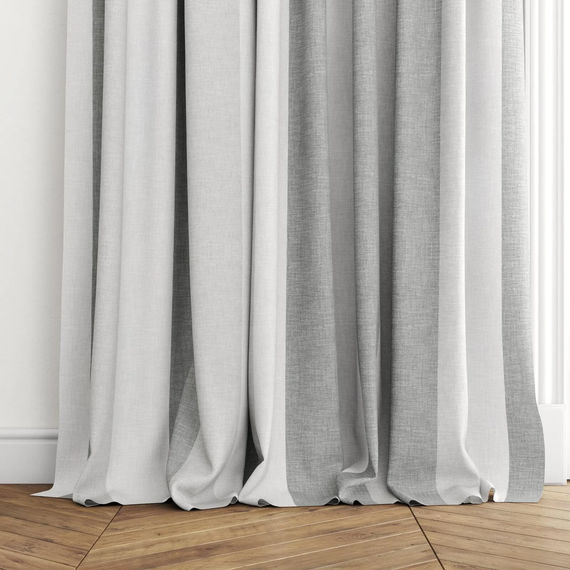 Bottom view of Tully Coal, puddled with pinch pleat, on curtain rod