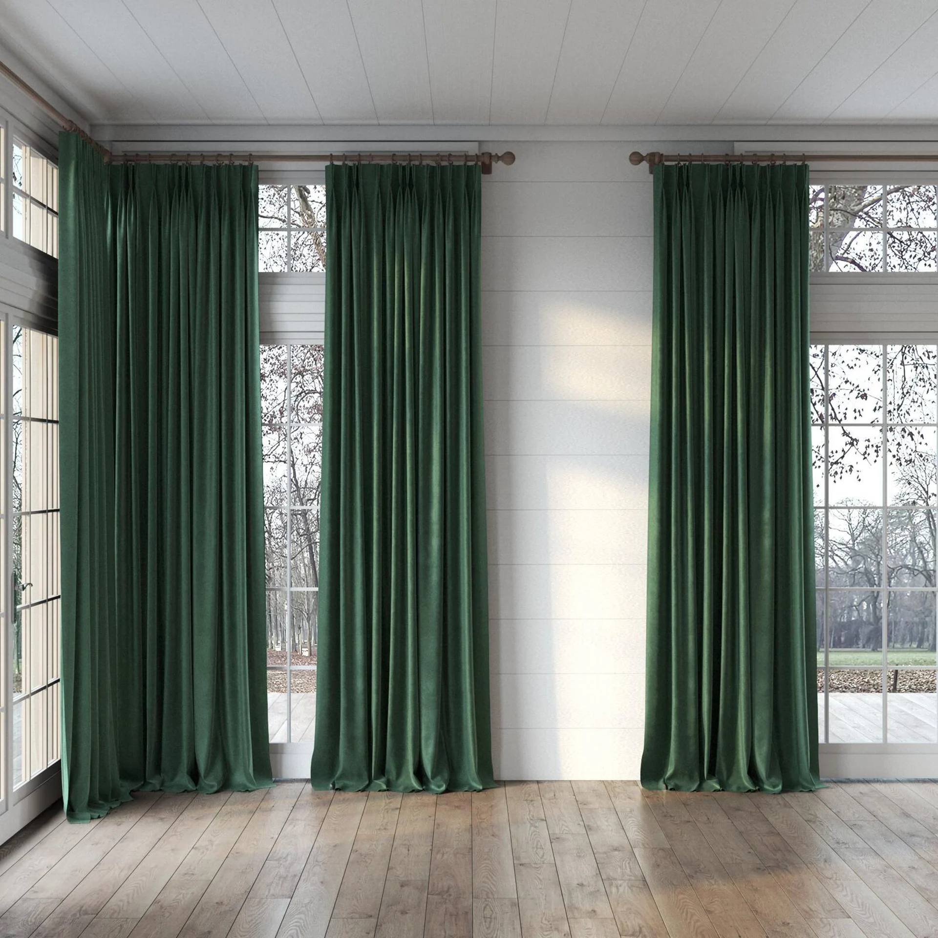 Full view of Velvelux Pesto, puddled, on curtain rod