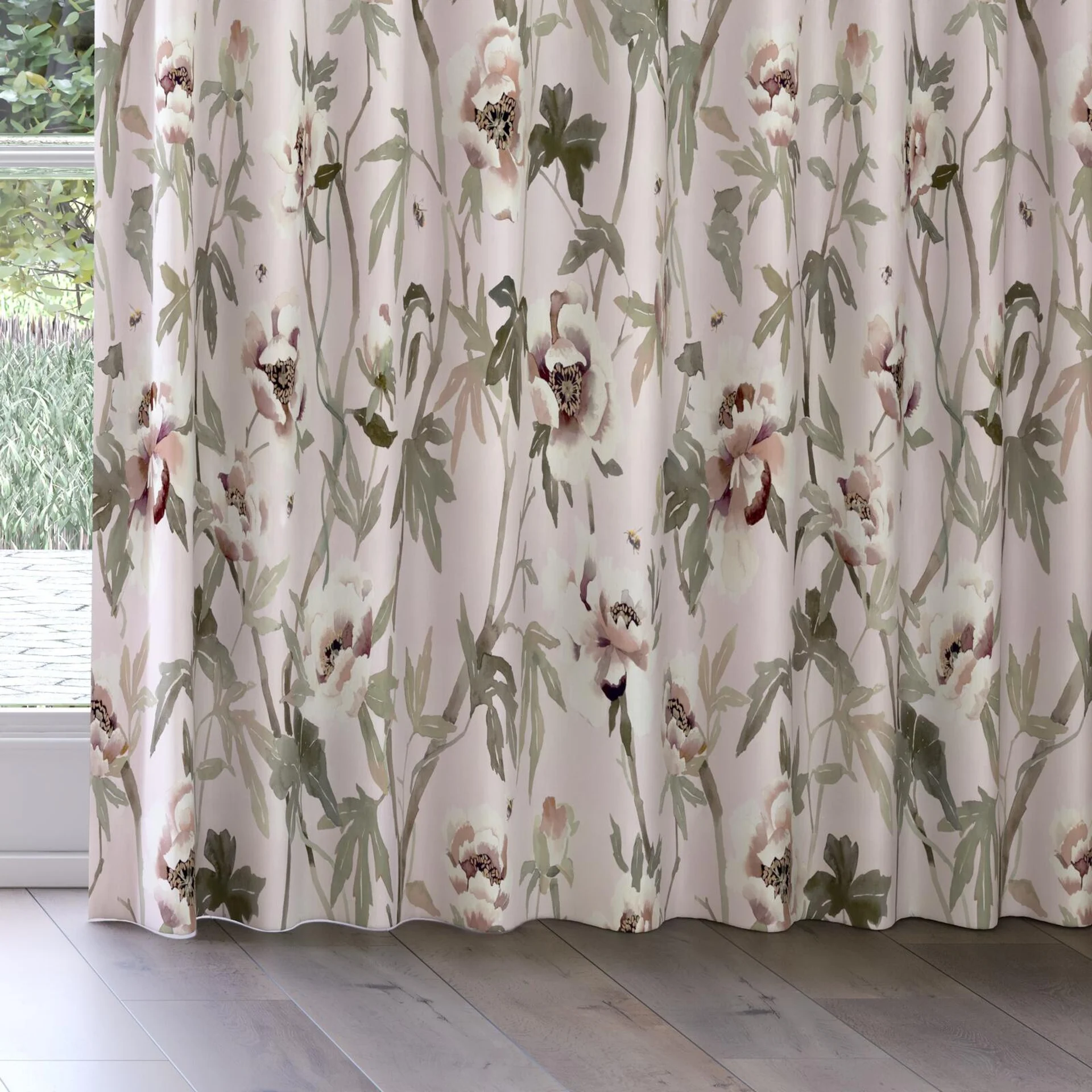 Bottom view of Peonia Blush, on curtain rail