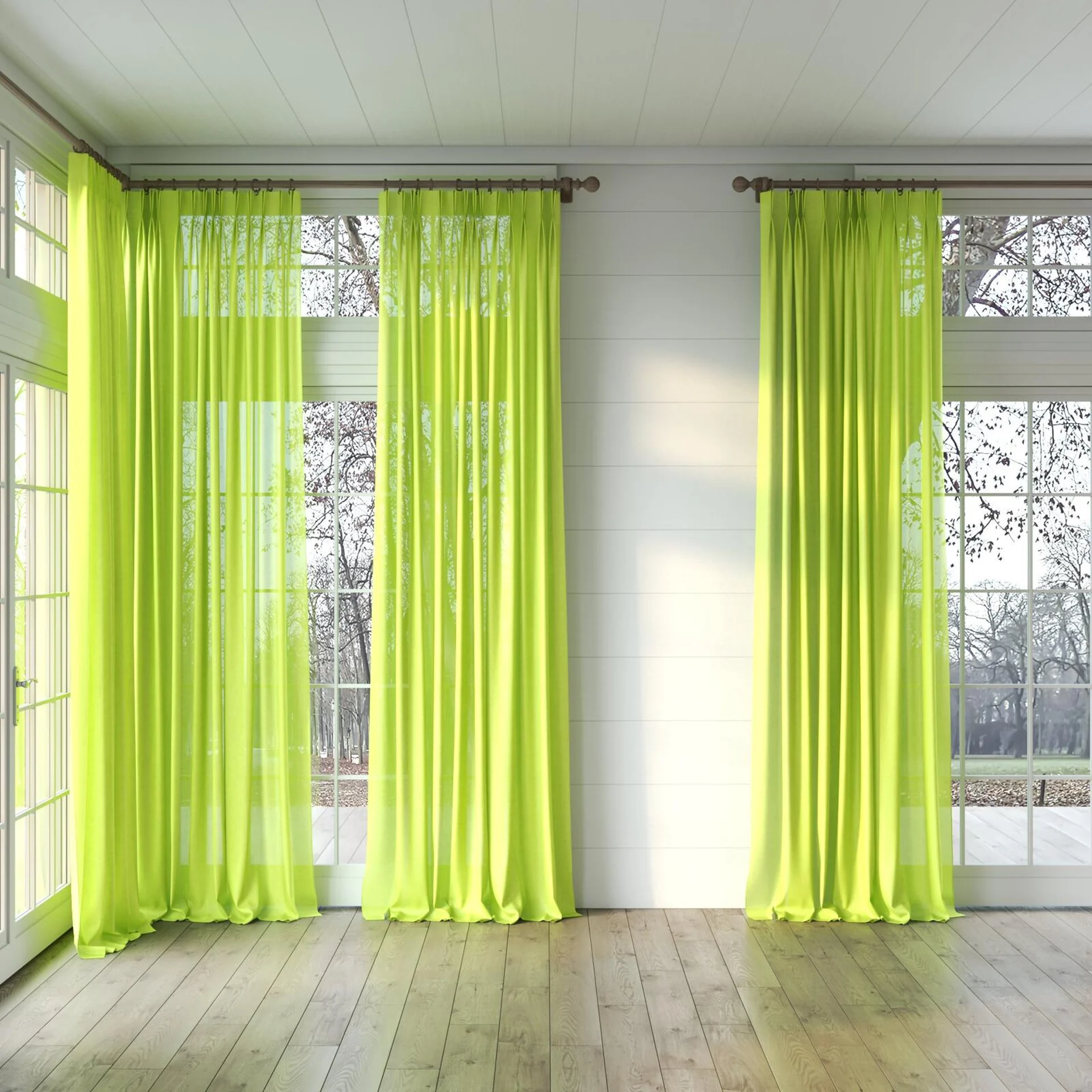 Full view of Flo II Lime, puddled, on curtain rod