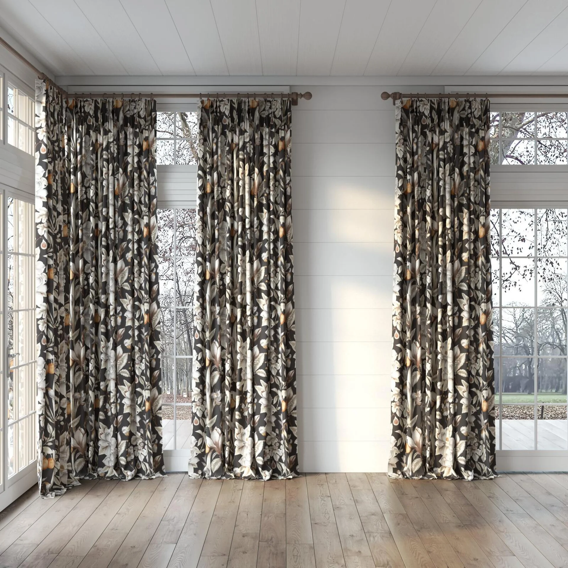 Full view of Botanist Sepia, puddled, on curtain rod