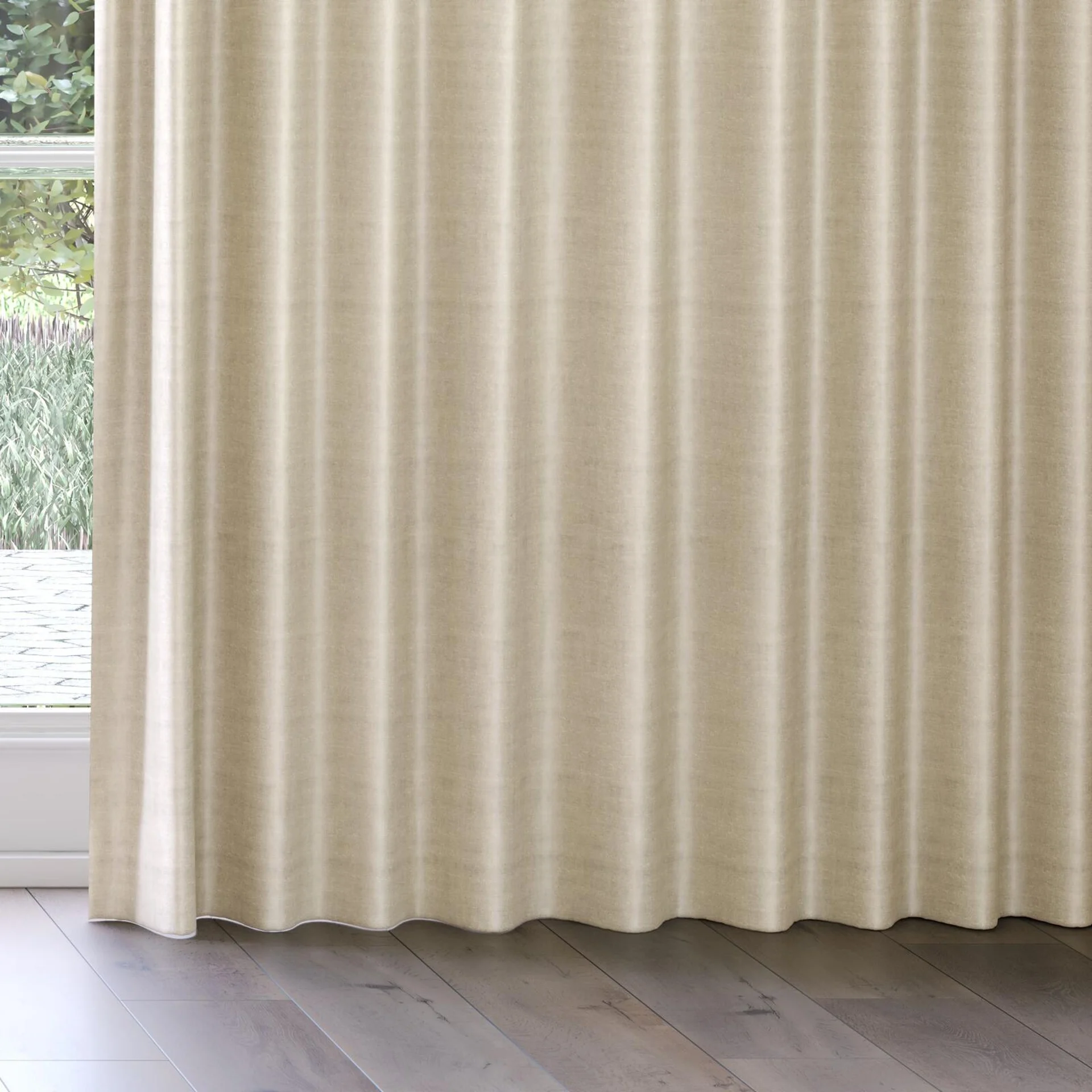 Bottom view of Zircon Linen, on curtain rail