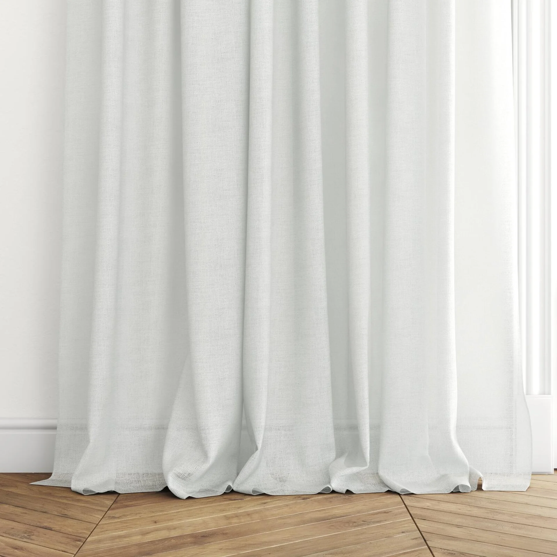 Bottom view of Statement Ice, puddled with pinch pleat, on curtain rod