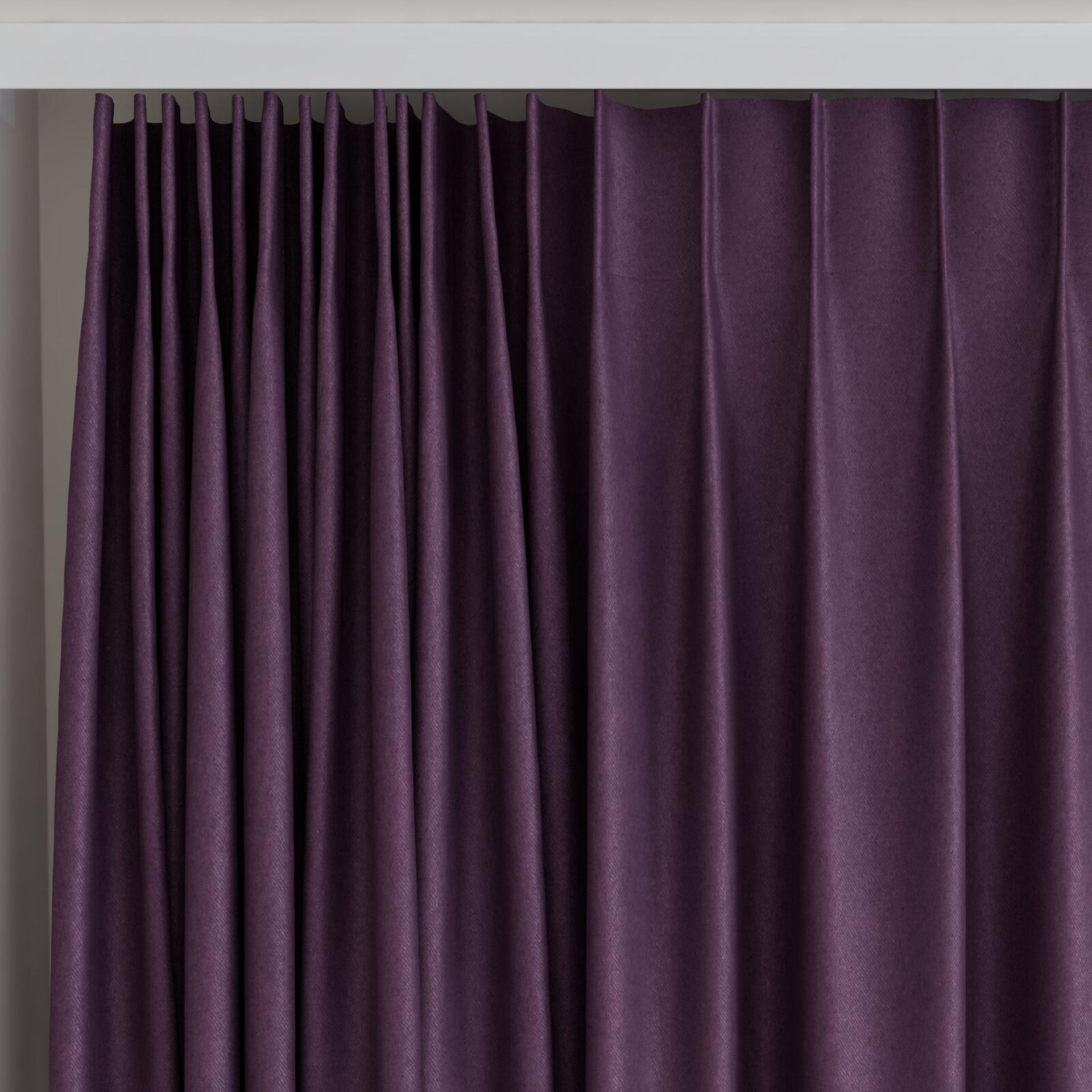 Top view of Woolly/Woolen Aubergine, on curtain rail