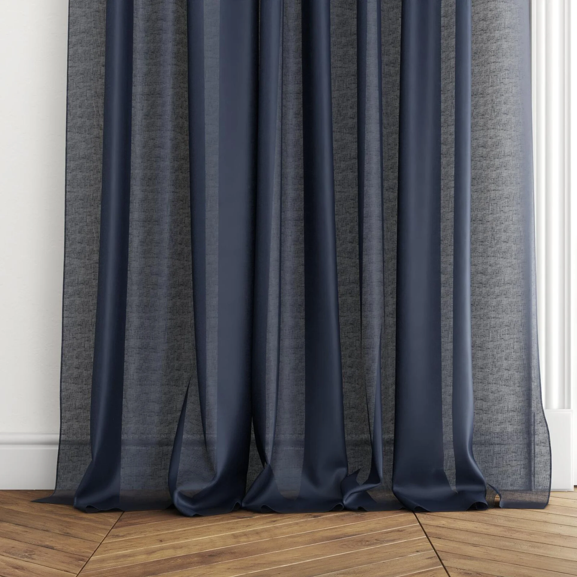Bottom view of Reverie Navy, puddled with pinch pleat, on curtain rod