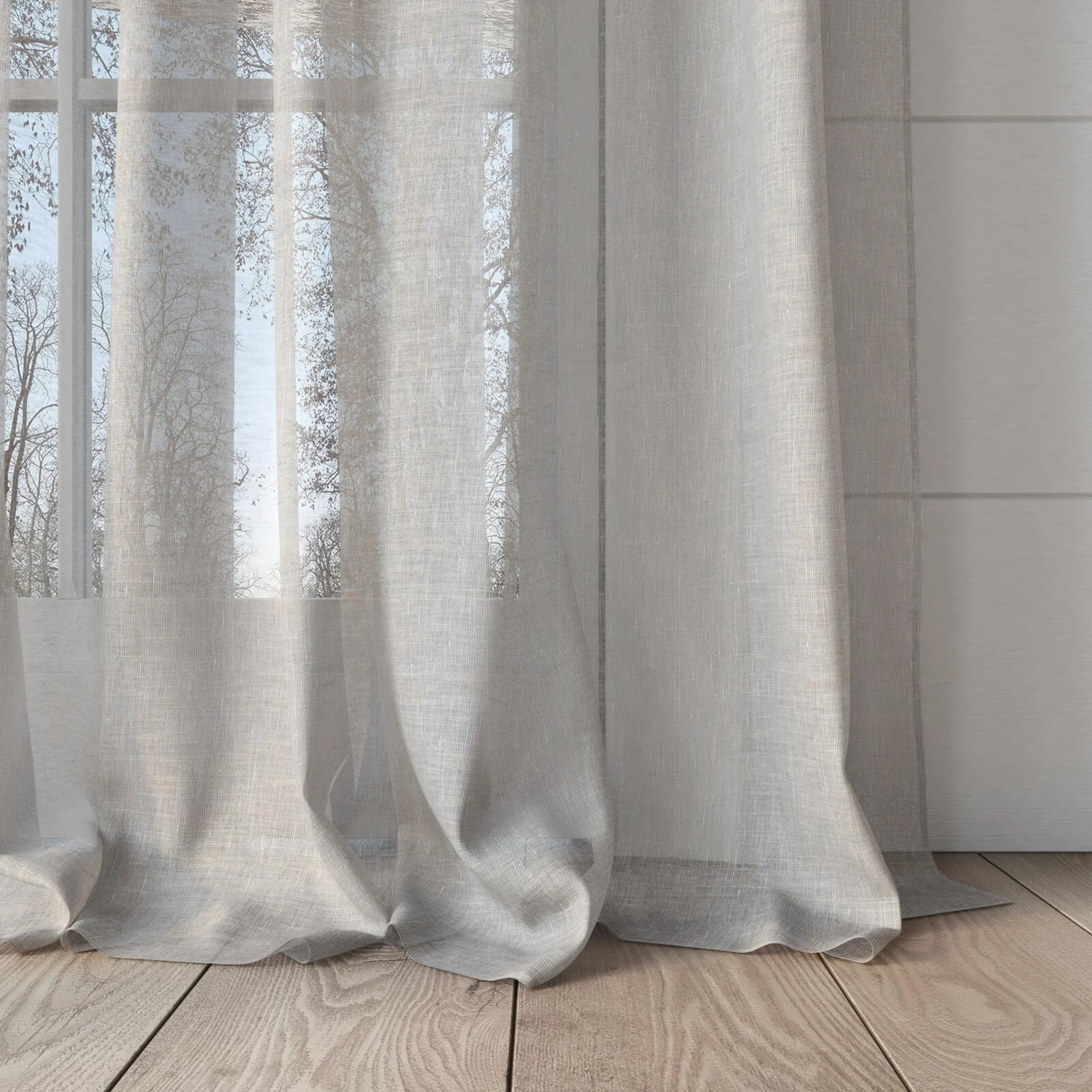 Bottom view of Enso Linen, puddled, on curtain rod