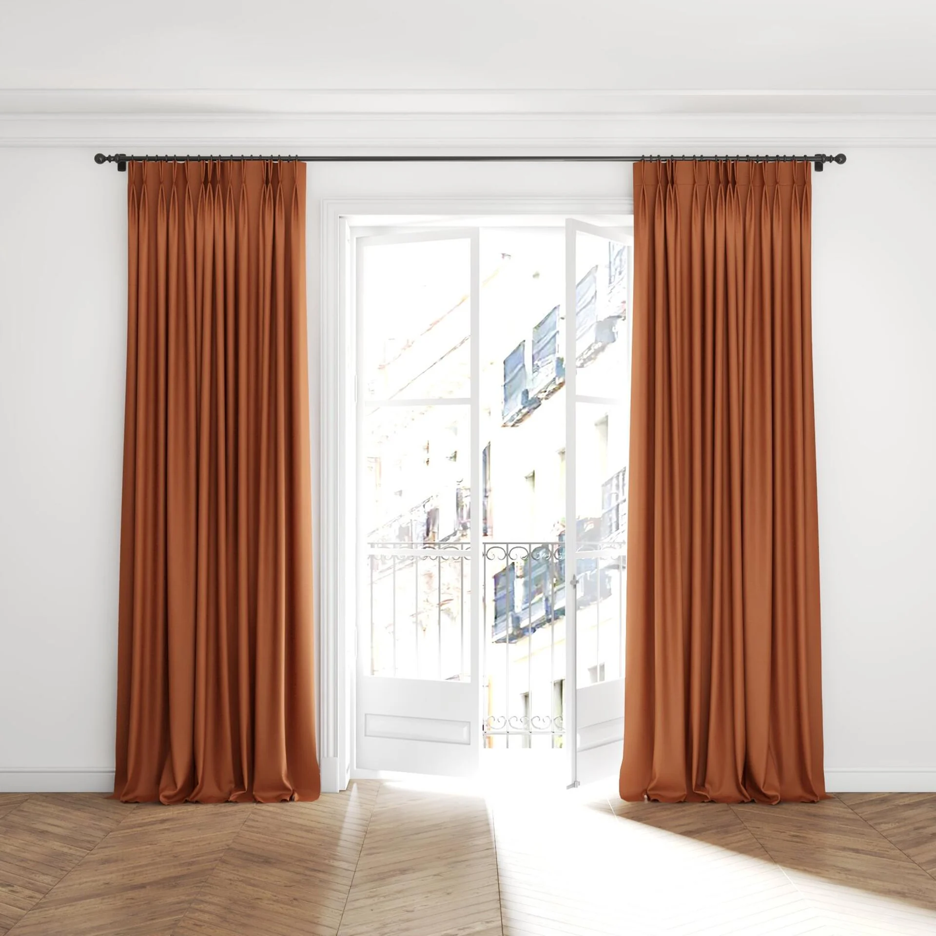 Full view of Brugge Terra, puddled with pinch pleat, on curtain rod