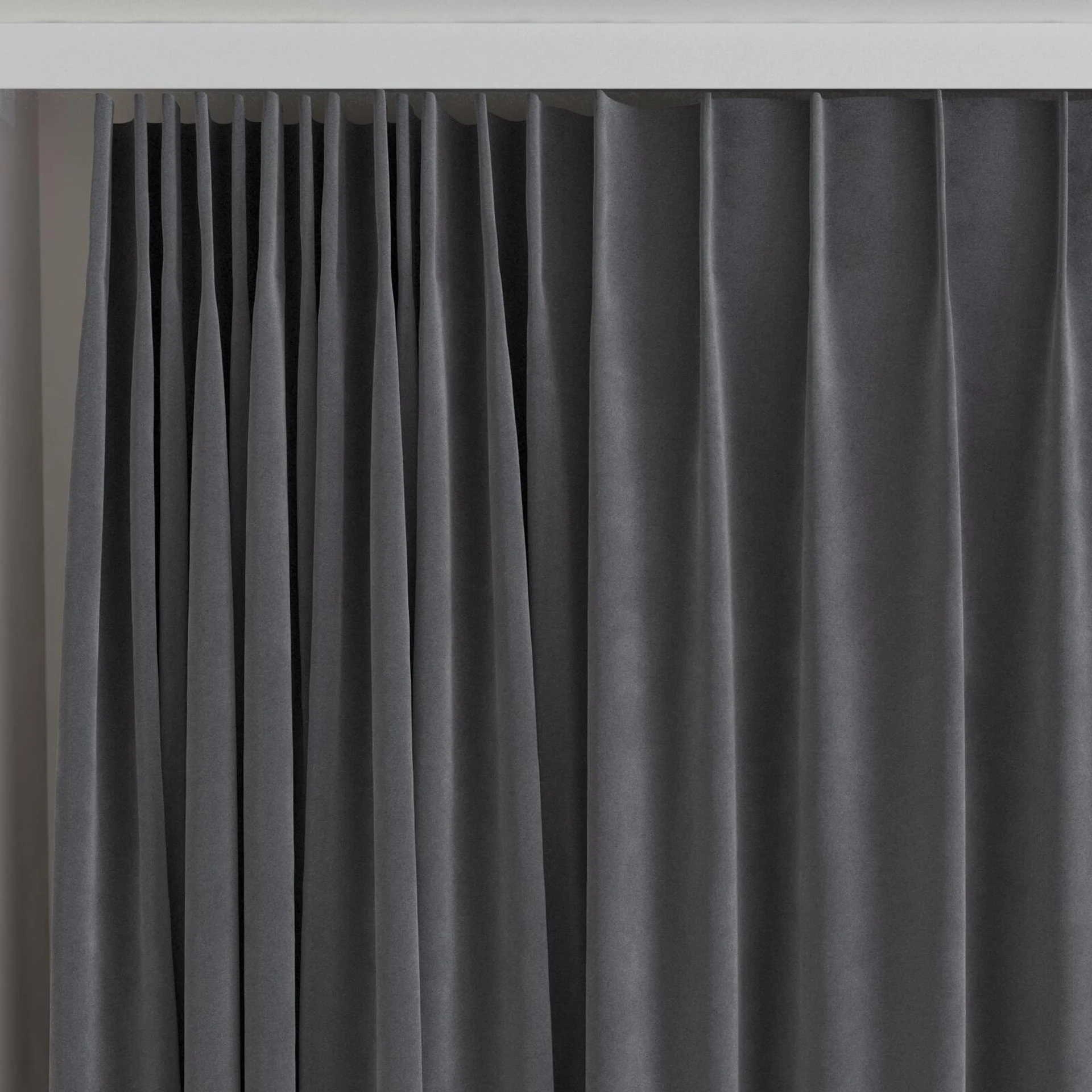 Top view of Lux Velvet Smoke 8703, on curtain rail