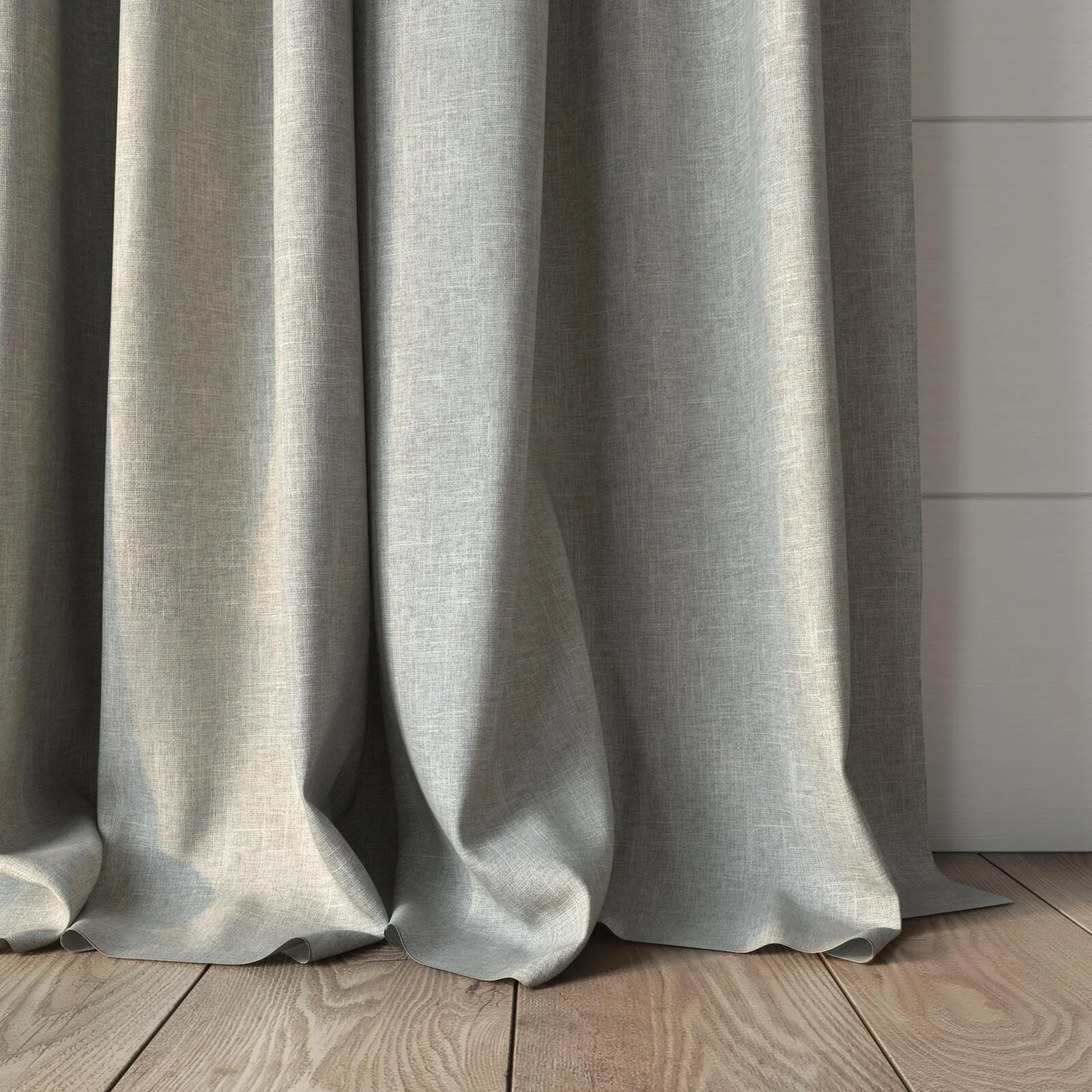 Bottom view of Retreat II Warm Grey, puddled, on curtain rod