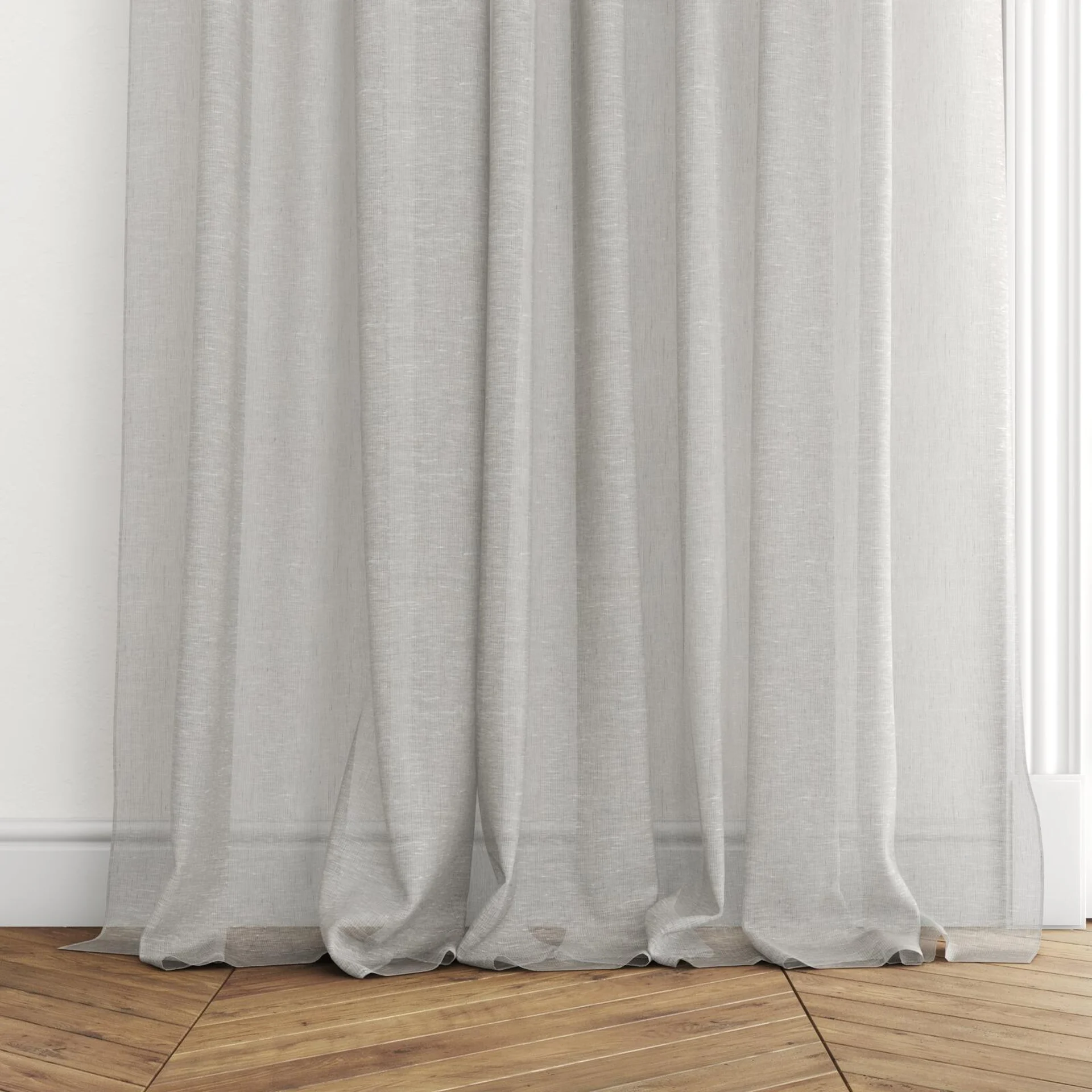 Bottom view of Enso Monochrome, puddled with pinch pleat, on curtain rod