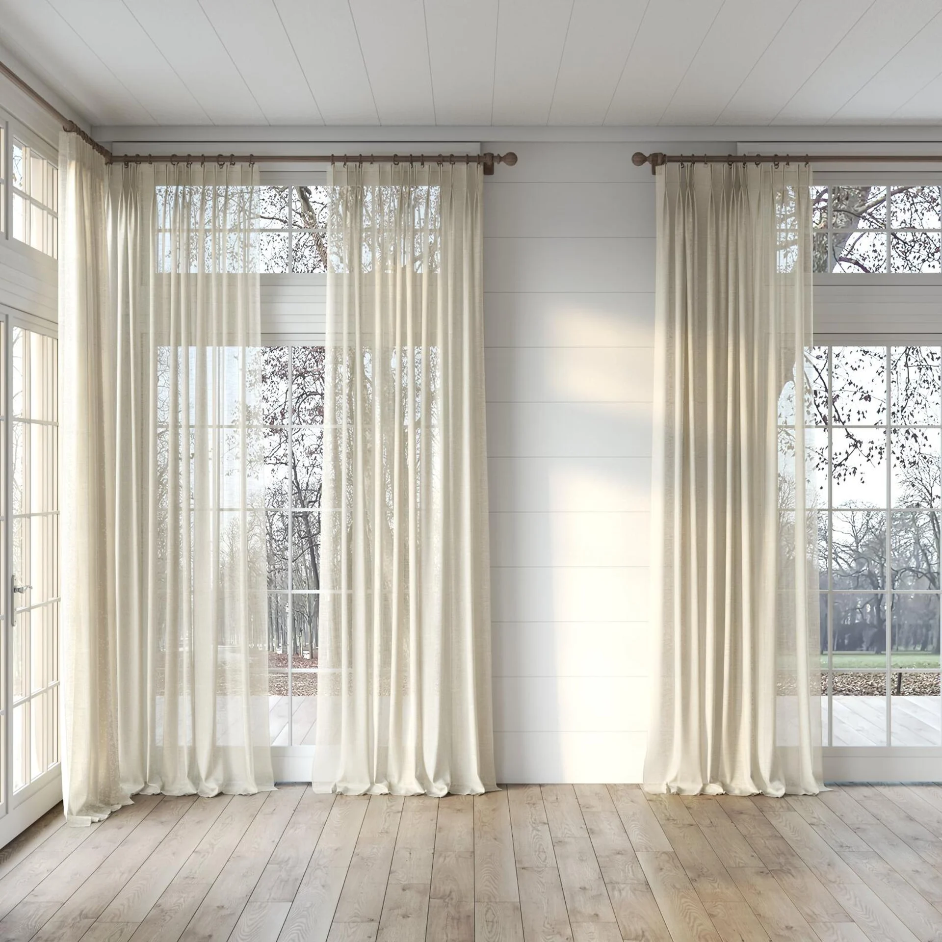 Full view of Verdant Sand, puddled, on curtain rod