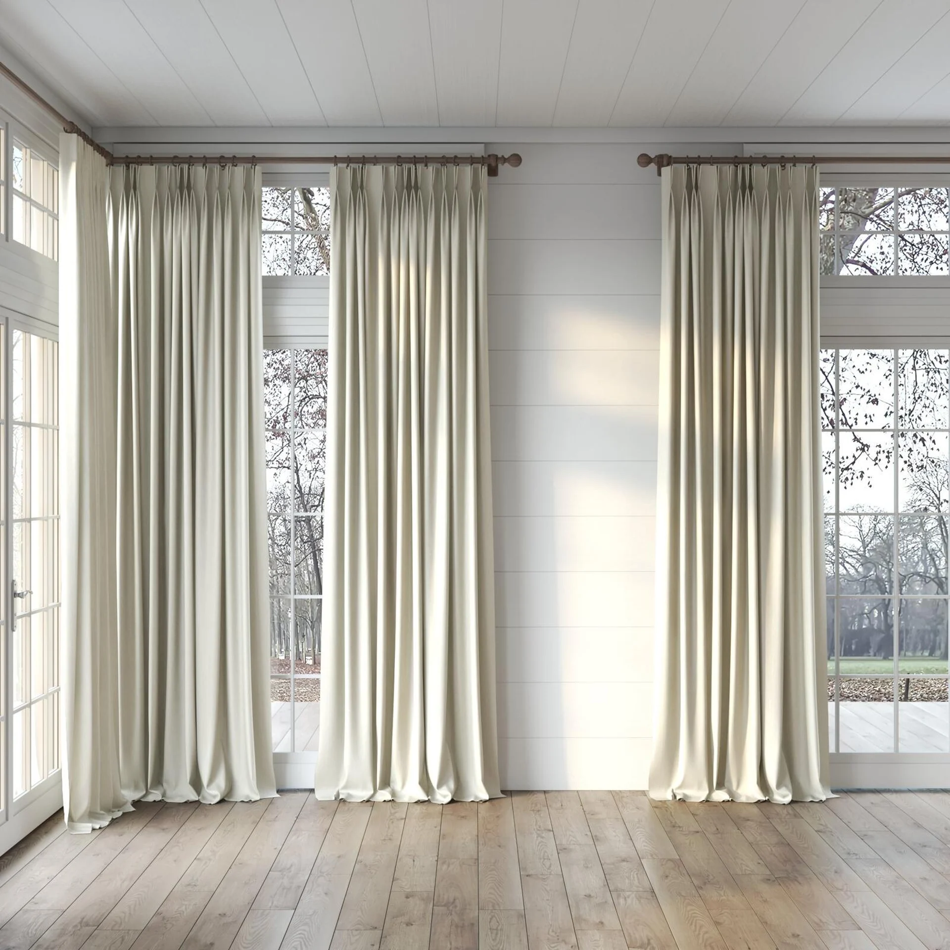 Full view of Cordoba Greige, puddled, on curtain rod