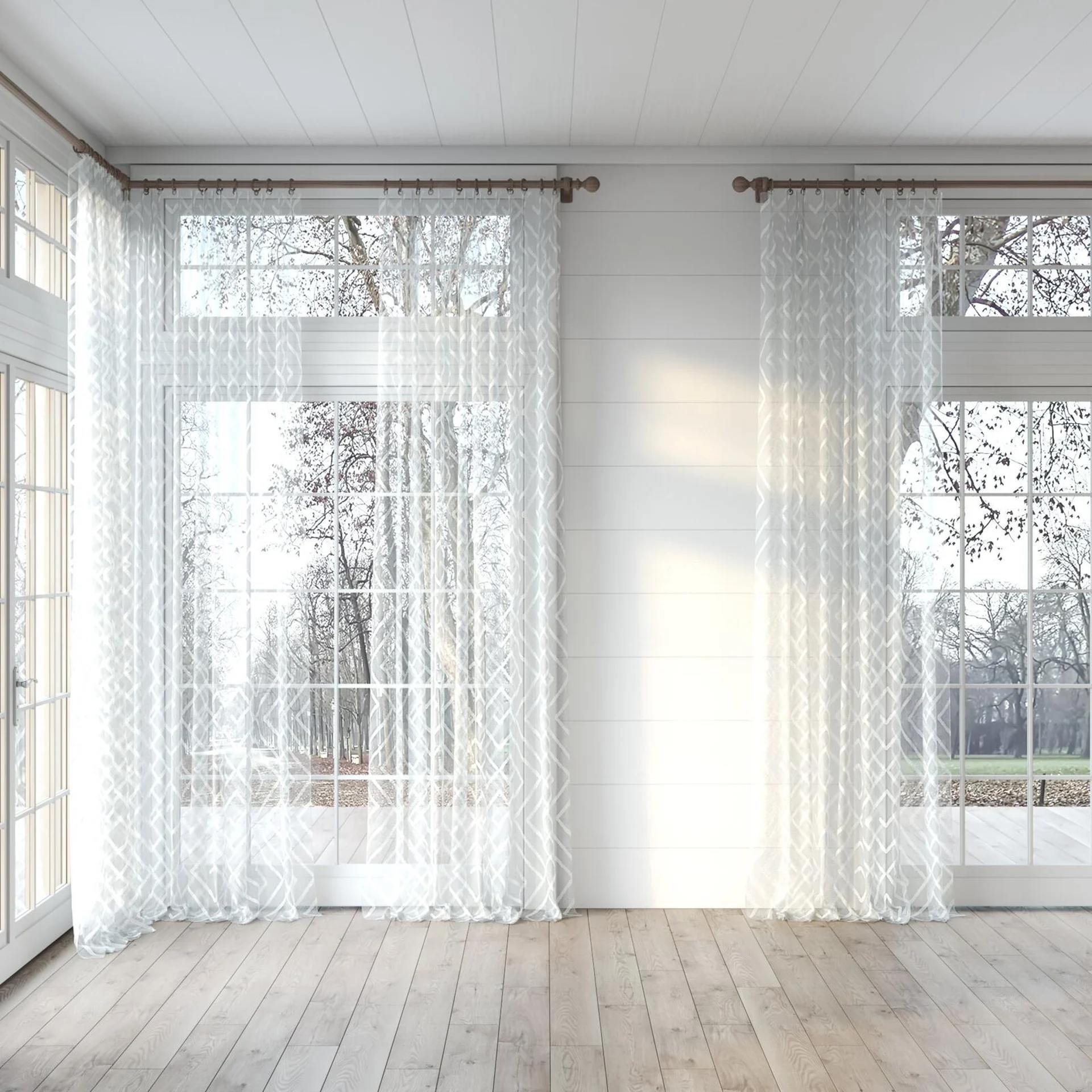 Full view of Dadaism Snow, puddled, on curtain rod