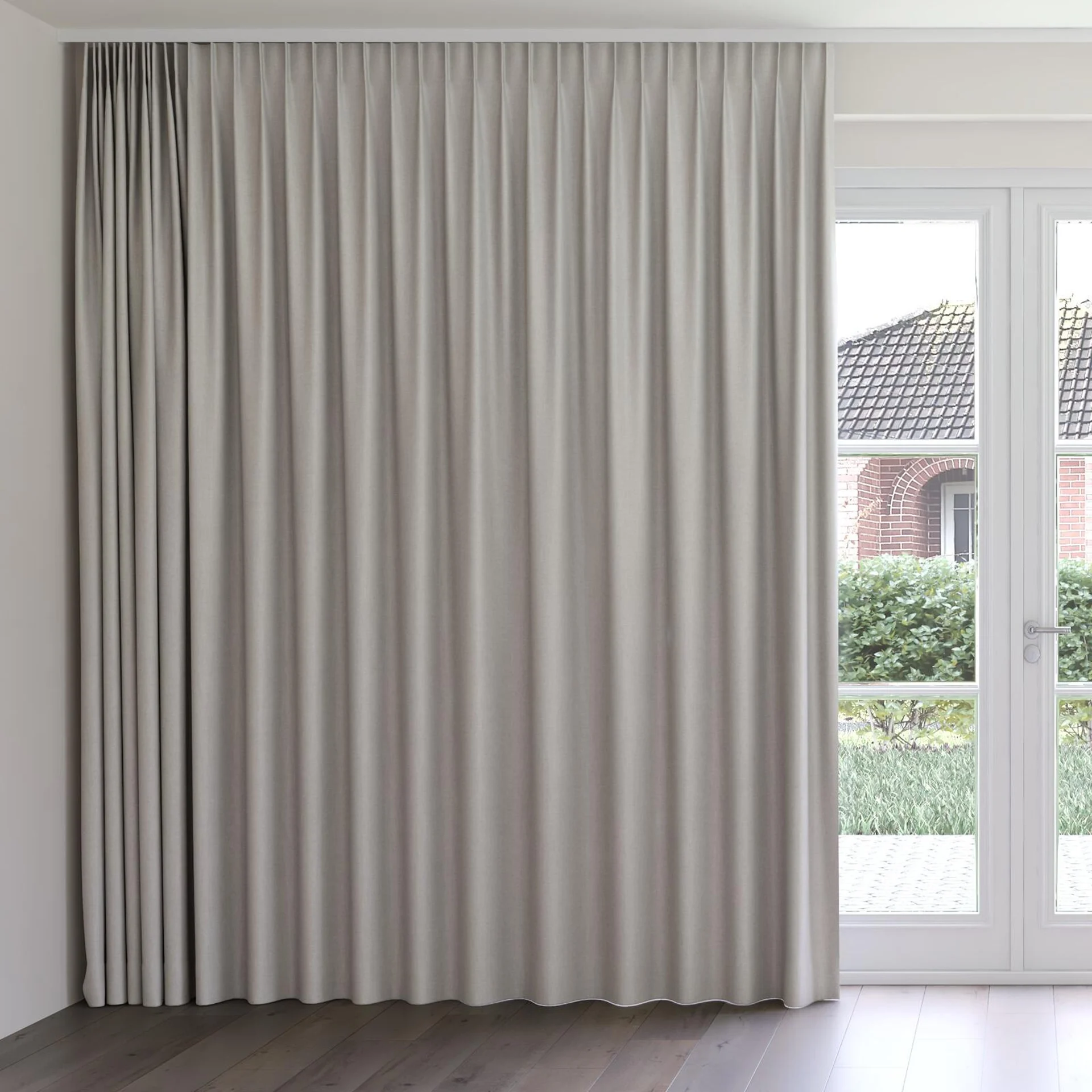 Front view of Cushy Aluminium, on curtain rail