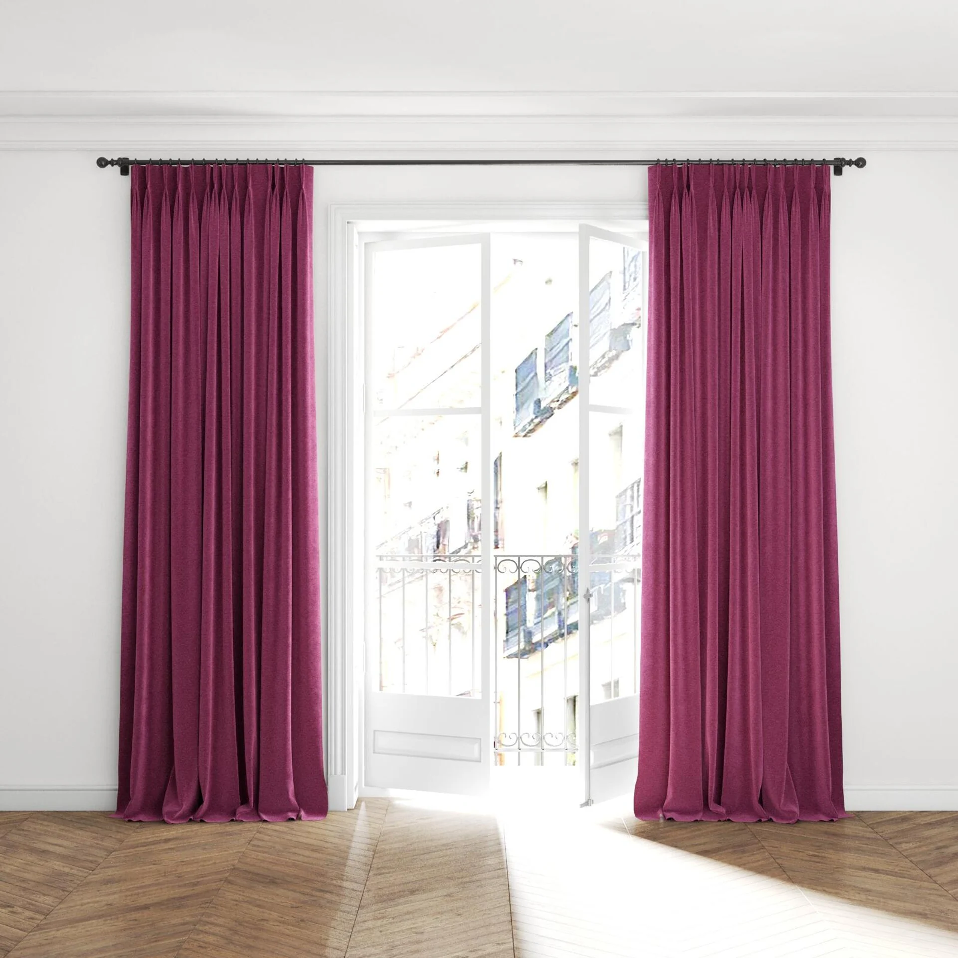 Full view of Geneva Crocus, puddled with pinch pleat, on curtain rod