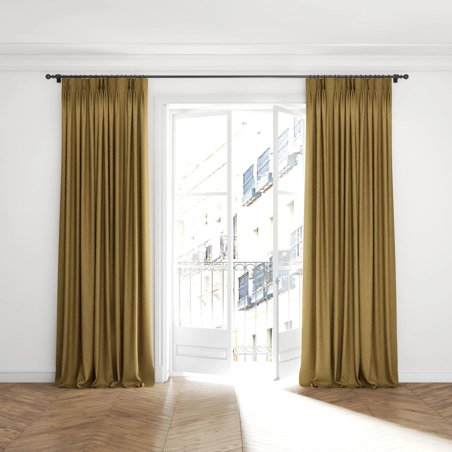 Full view of Bora Bora Gold, puddled with pinch pleat, on curtain rod