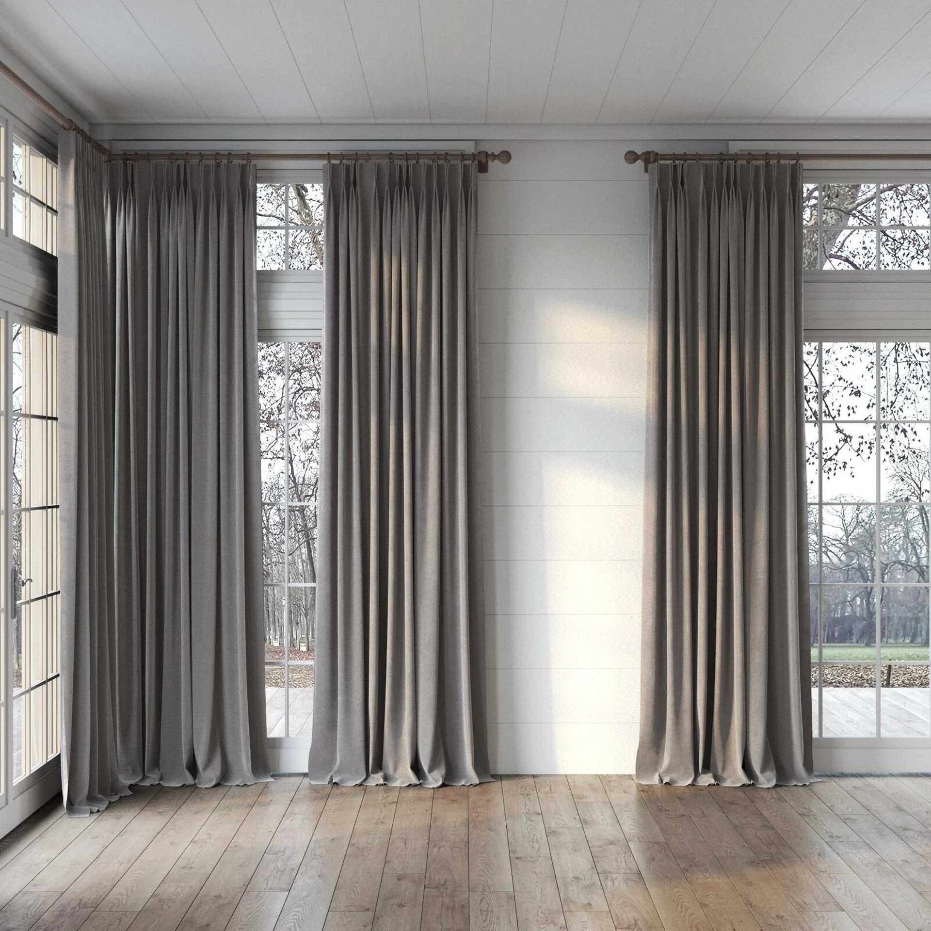 Full view of Moon Pewter, puddled, on curtain rod