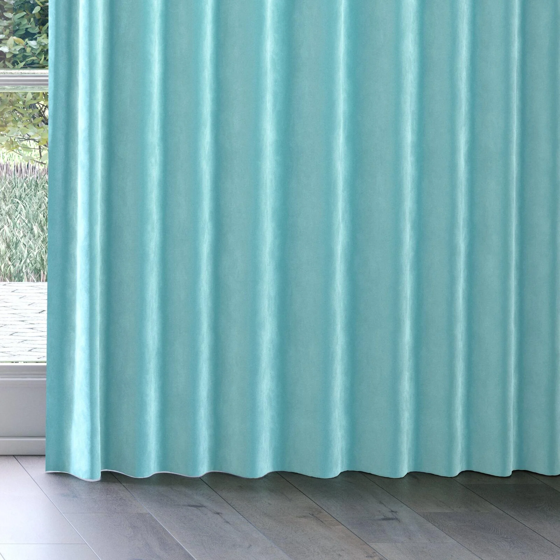 Bottom view of Lux Velvet Aqua 8816, on curtain rail
