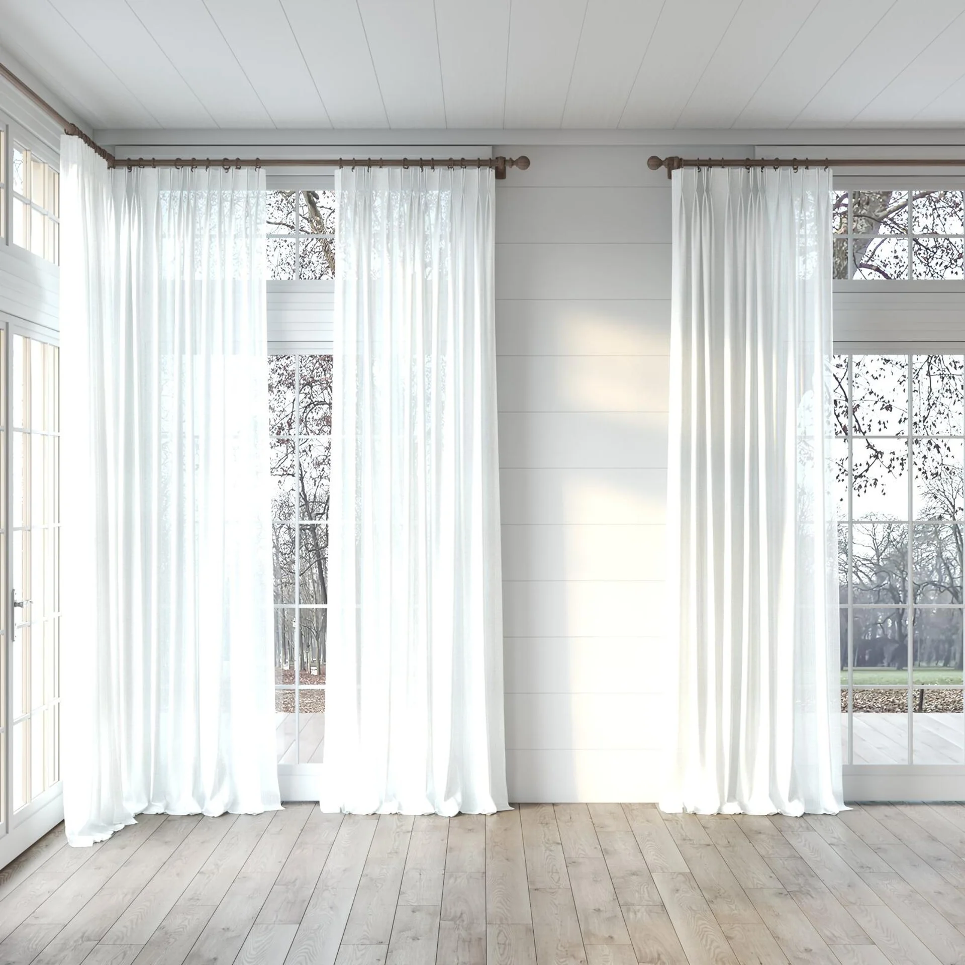 Full view of Crystal Ivory, puddled, on curtain rod
