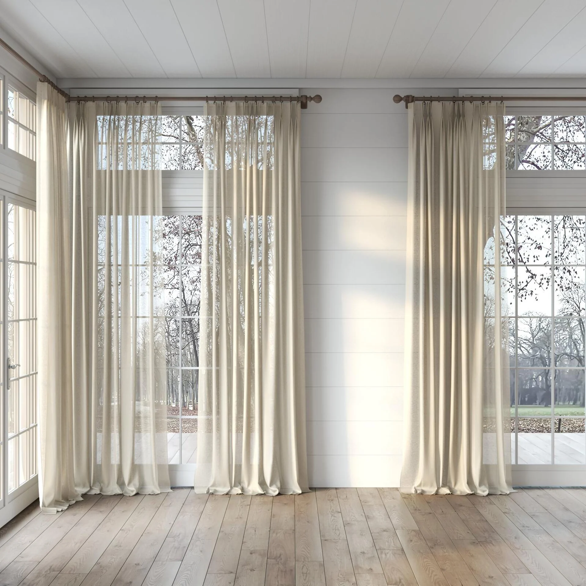 Full view of Laconia Air Hemp, puddled, on curtain rod