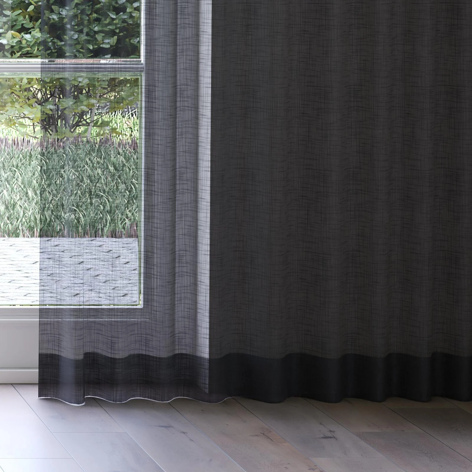 Bottom view of Kumo Recycled Midnight, on curtain rail