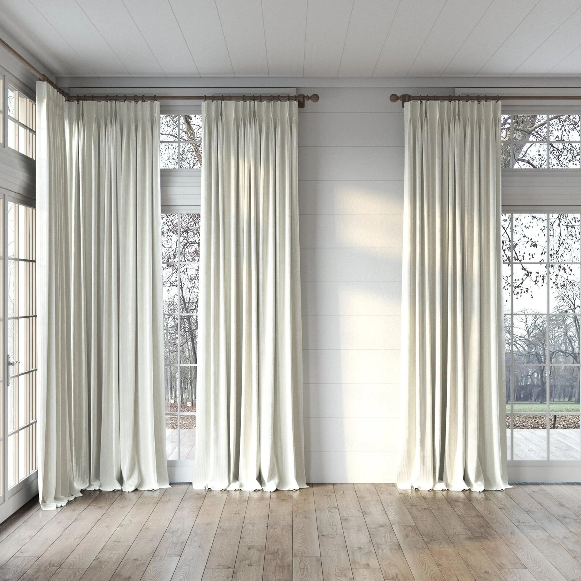 Full view of Embrace Cream, puddled, on curtain rod