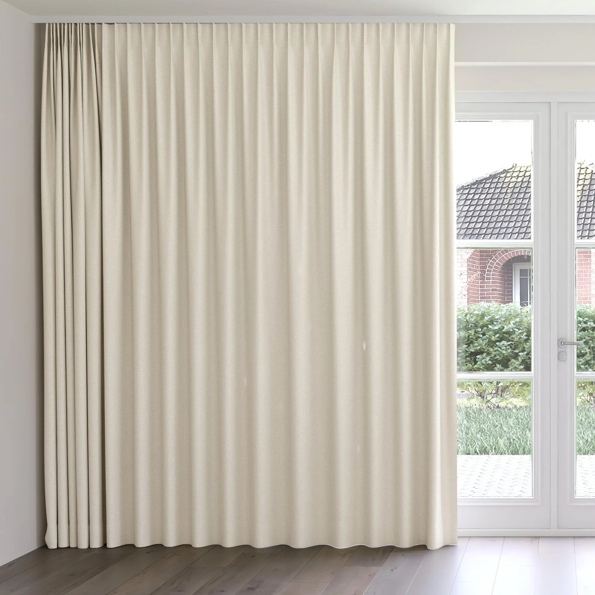 Front view of Astro Greige, on curtain rail