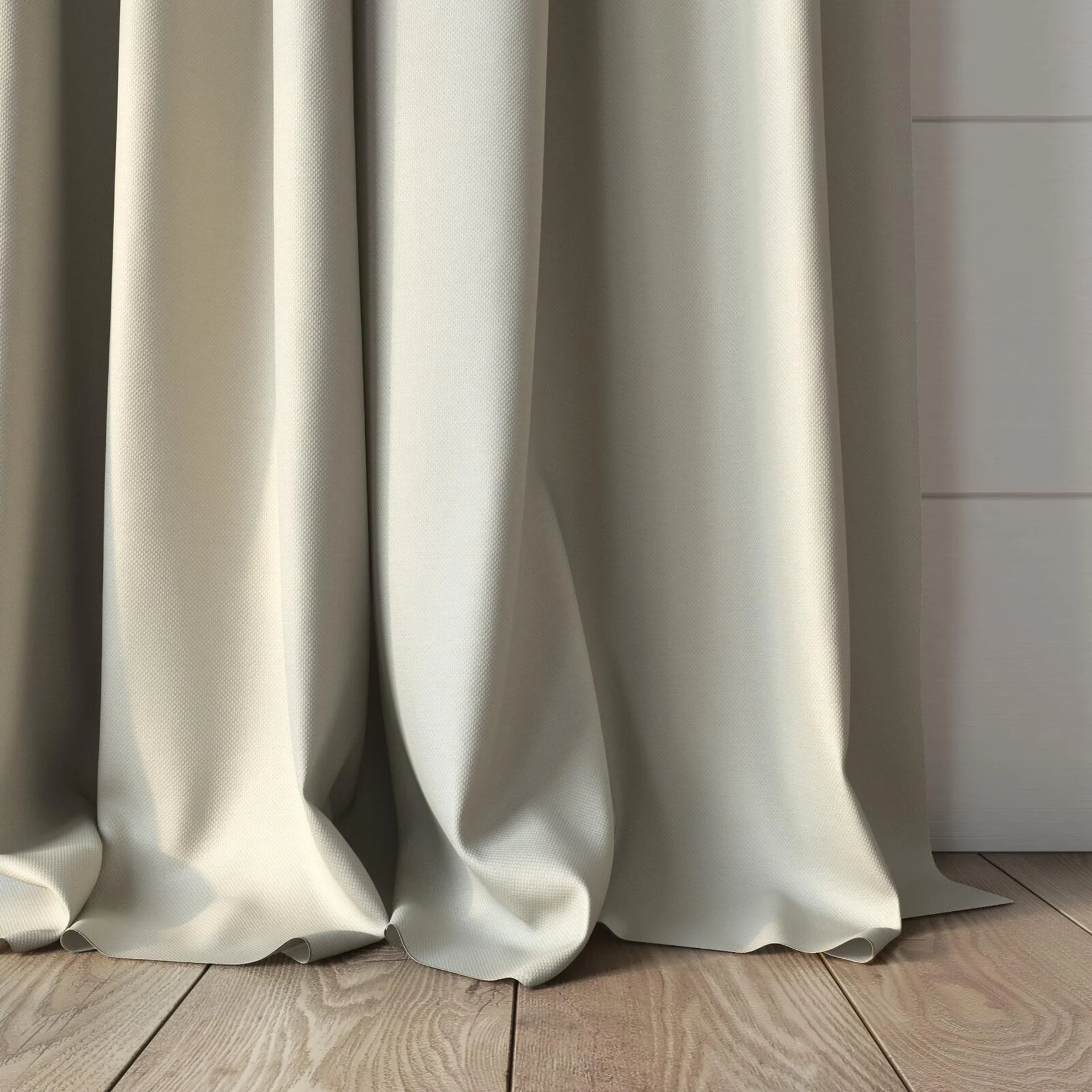 Bottom view of Duede Cream, puddled, on curtain rod