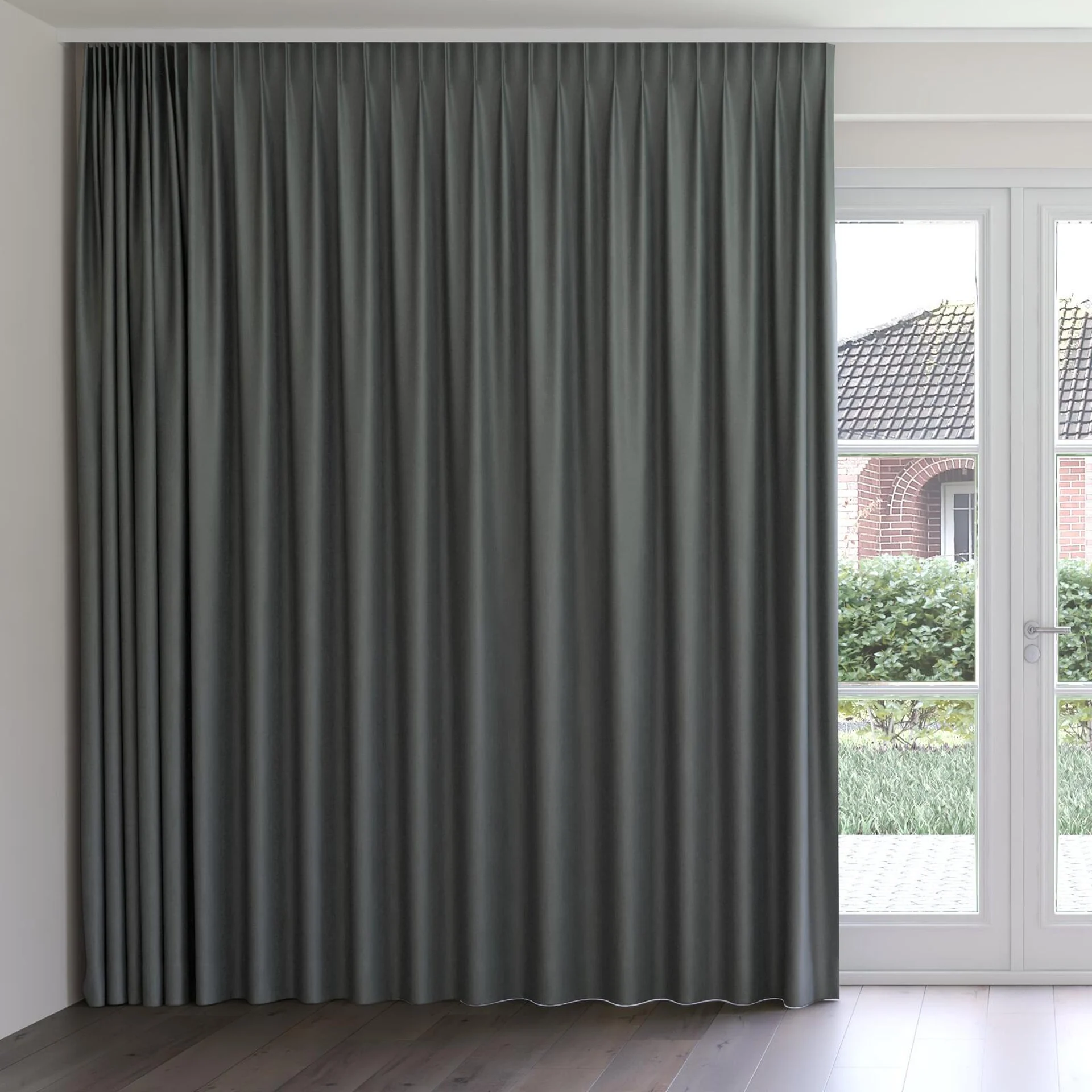 Front view of Retreat Blackout Charcoal, on curtain rail