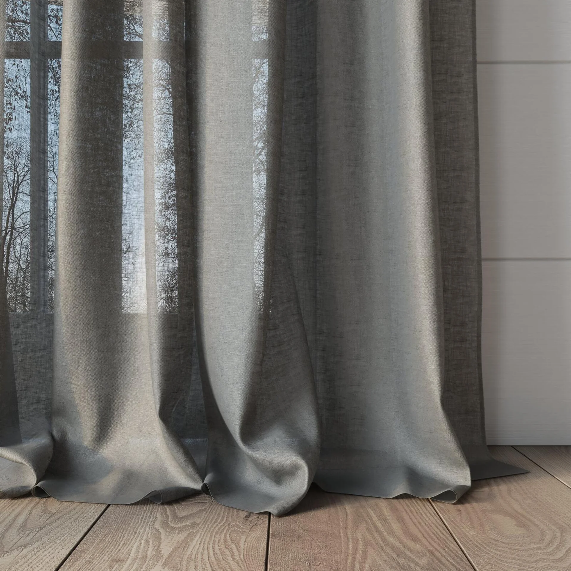 Bottom view of Kanso Stonewash Sable, puddled, on curtain rod