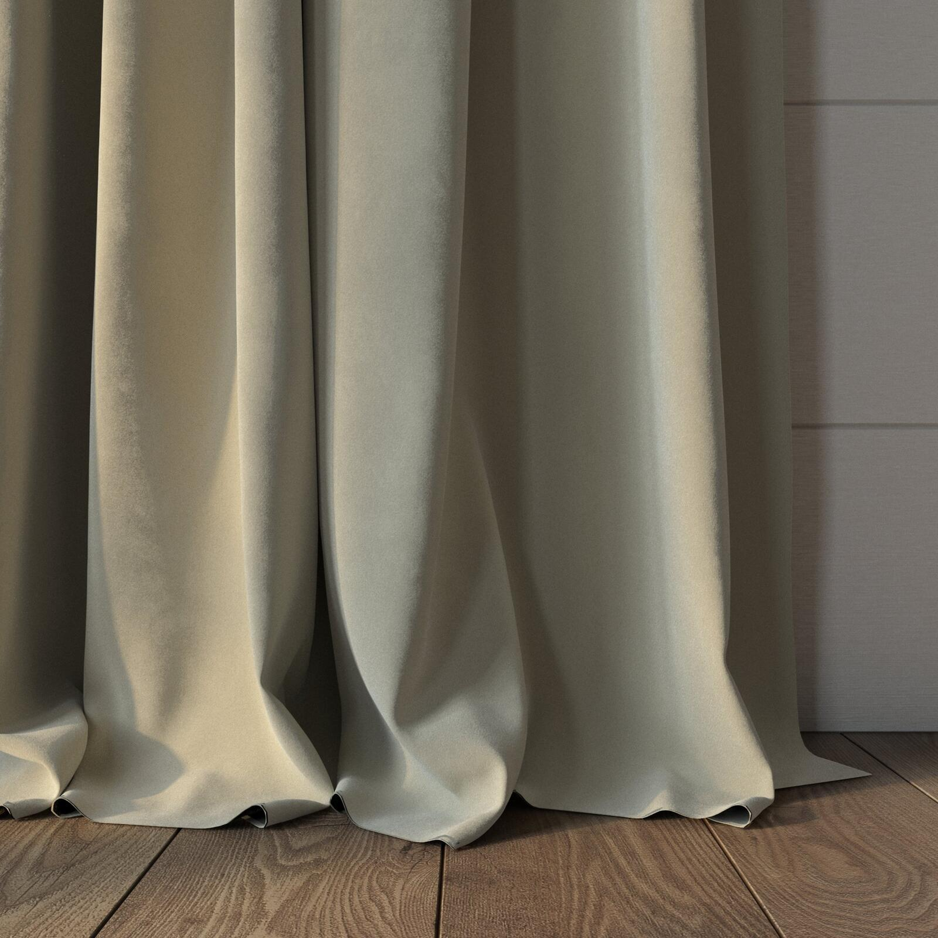 Bottom view of Verbier Wool, puddled, on curtain rod
