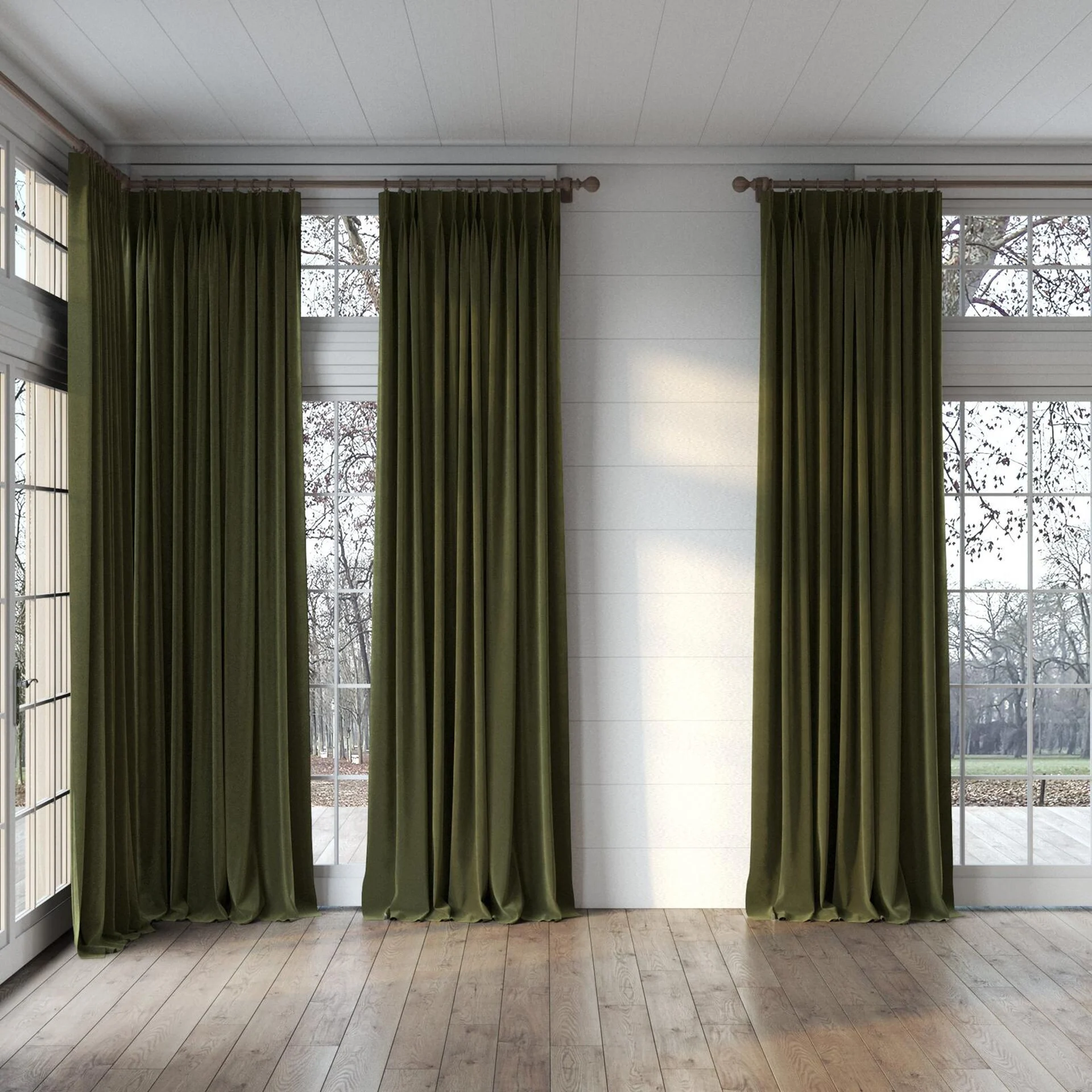 Full view of Vienna Moss, puddled, on curtain rod
