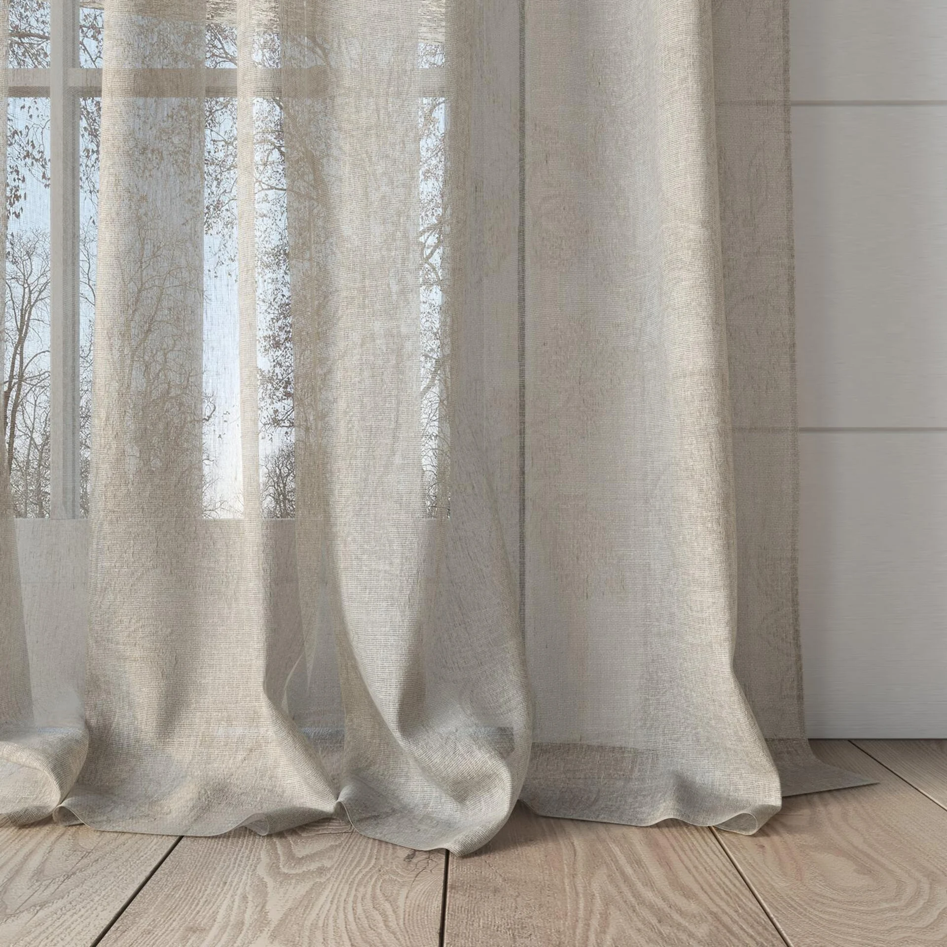 Bottom view of Savona Dune, puddled, on curtain rod