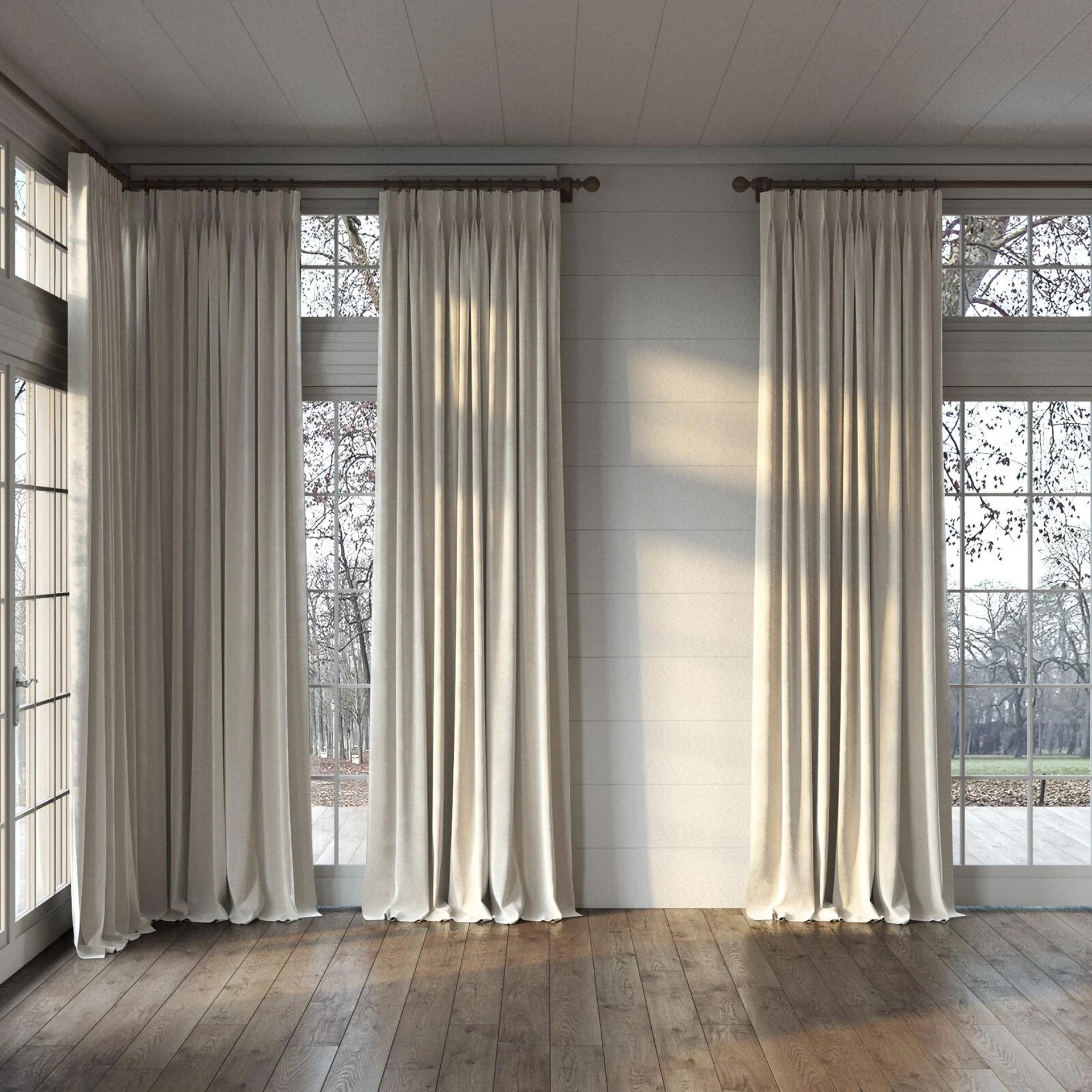 Full view of Verbier Marshmallow, puddled, on curtain rod
