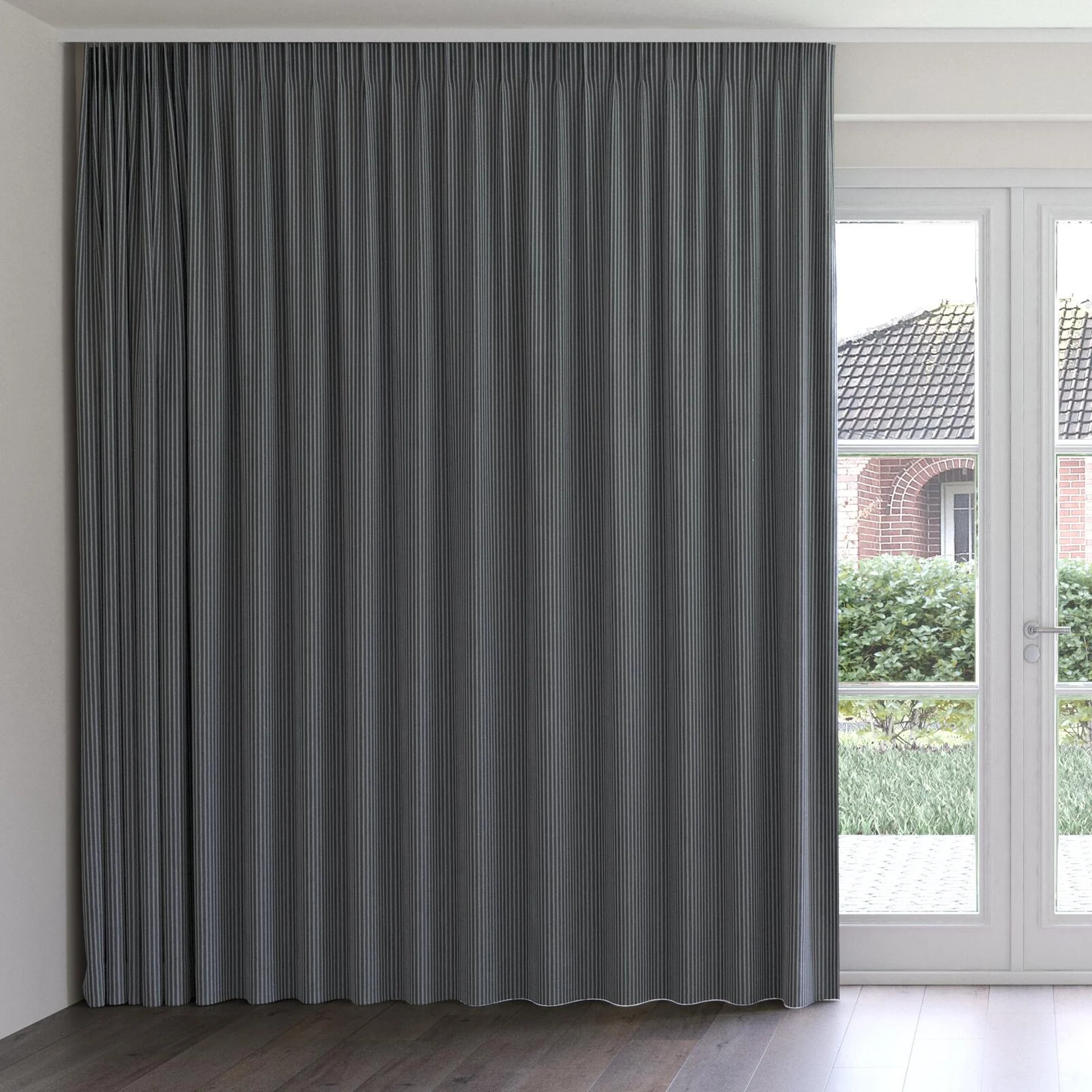 Front view of Embrace Charcoal, on curtain rail