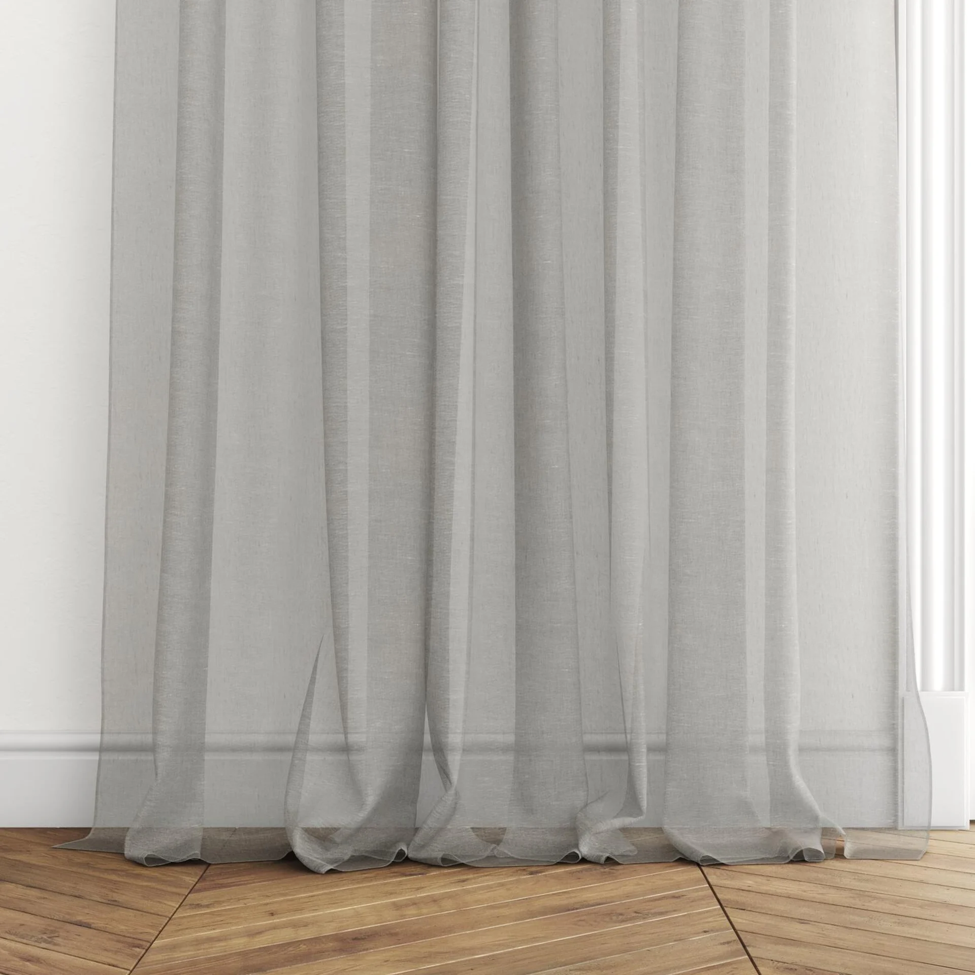 Bottom view of Rhyme Aluminium, puddled with pinch pleat, on curtain rod