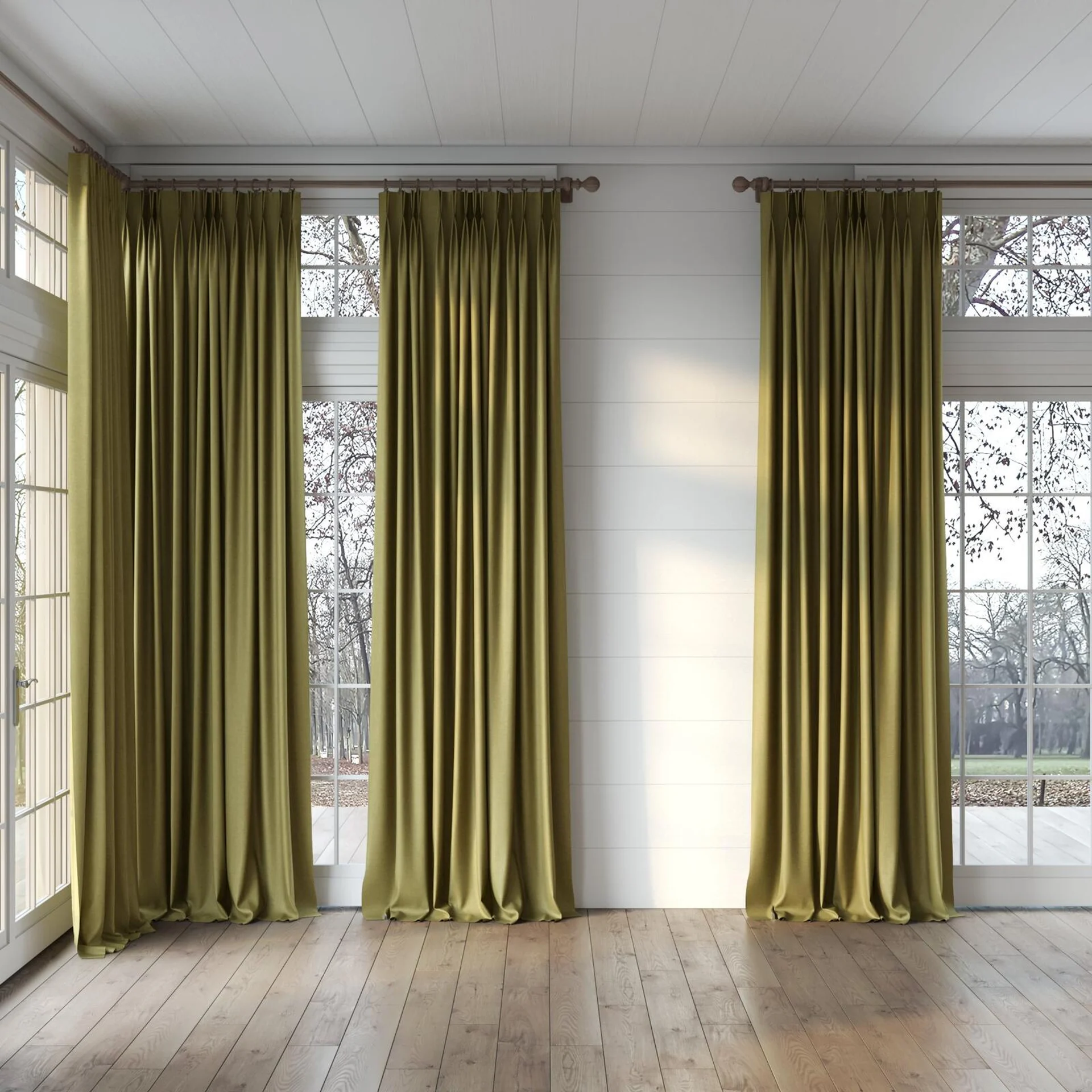 Full view of Perfecto Cypress, puddled, on curtain rod