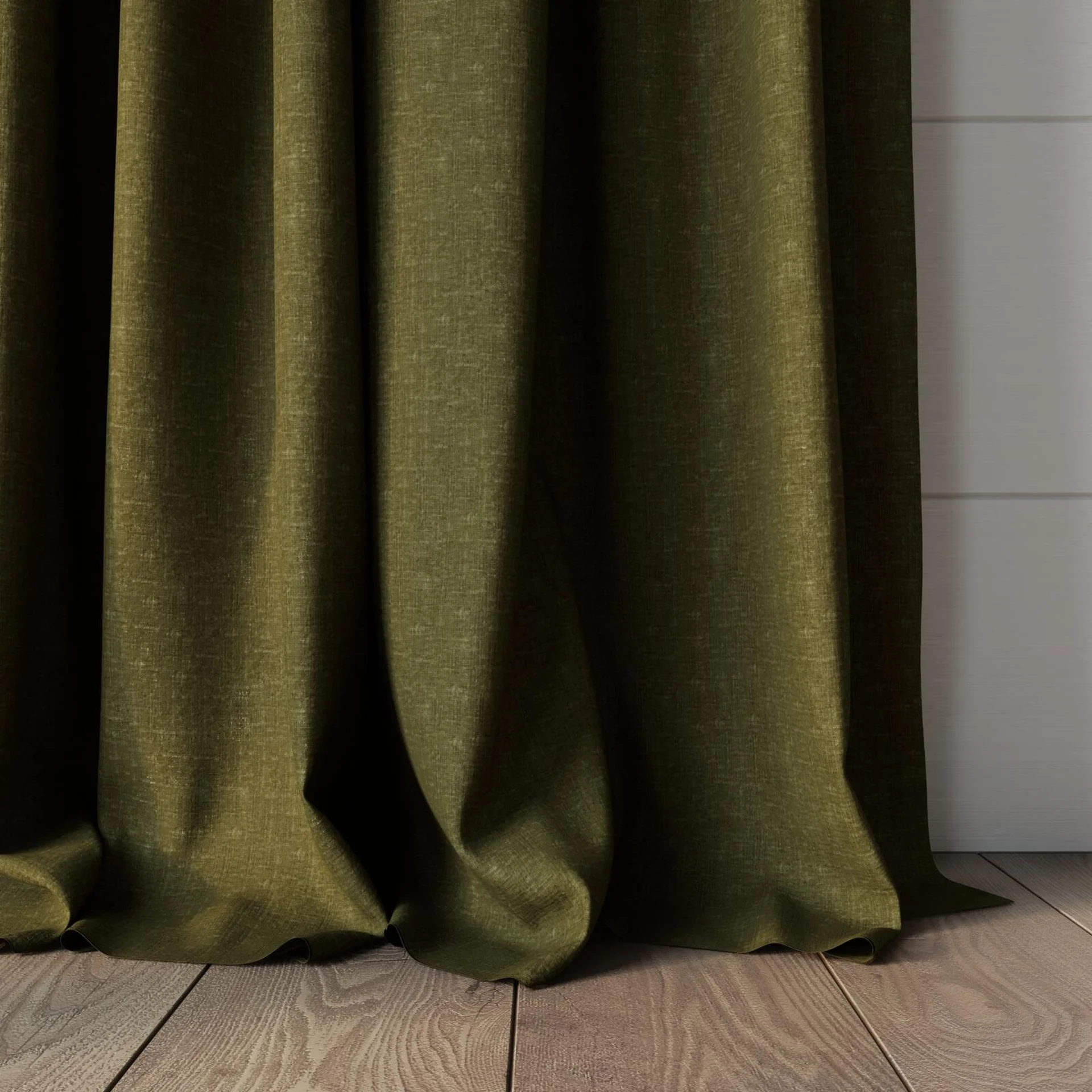 Bottom view of Coverlet Hunter, puddled, on curtain rod