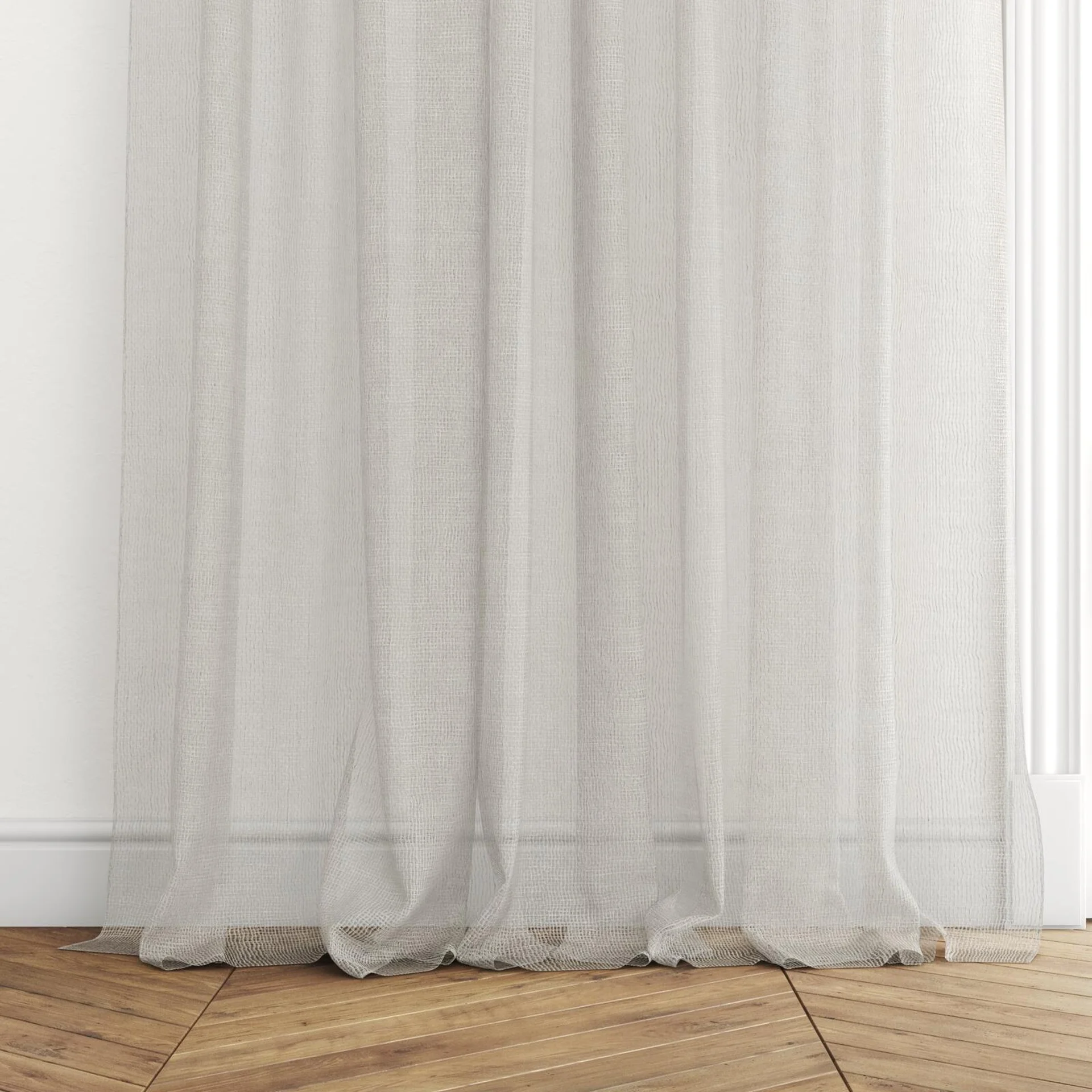 Bottom view of Kensho Linen, puddled with pinch pleat, on curtain rod