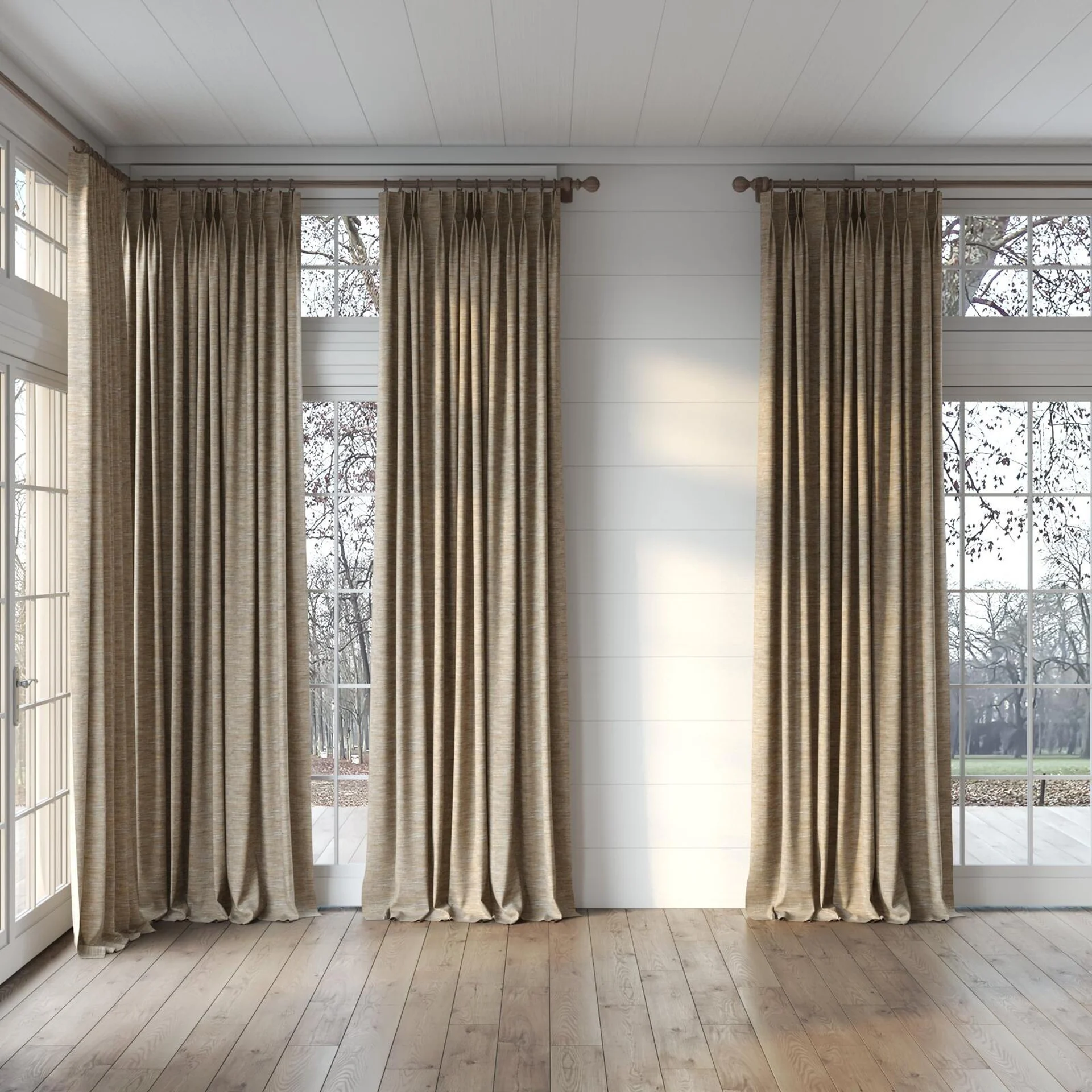 Full view of Venus Praline, puddled, on curtain rod
