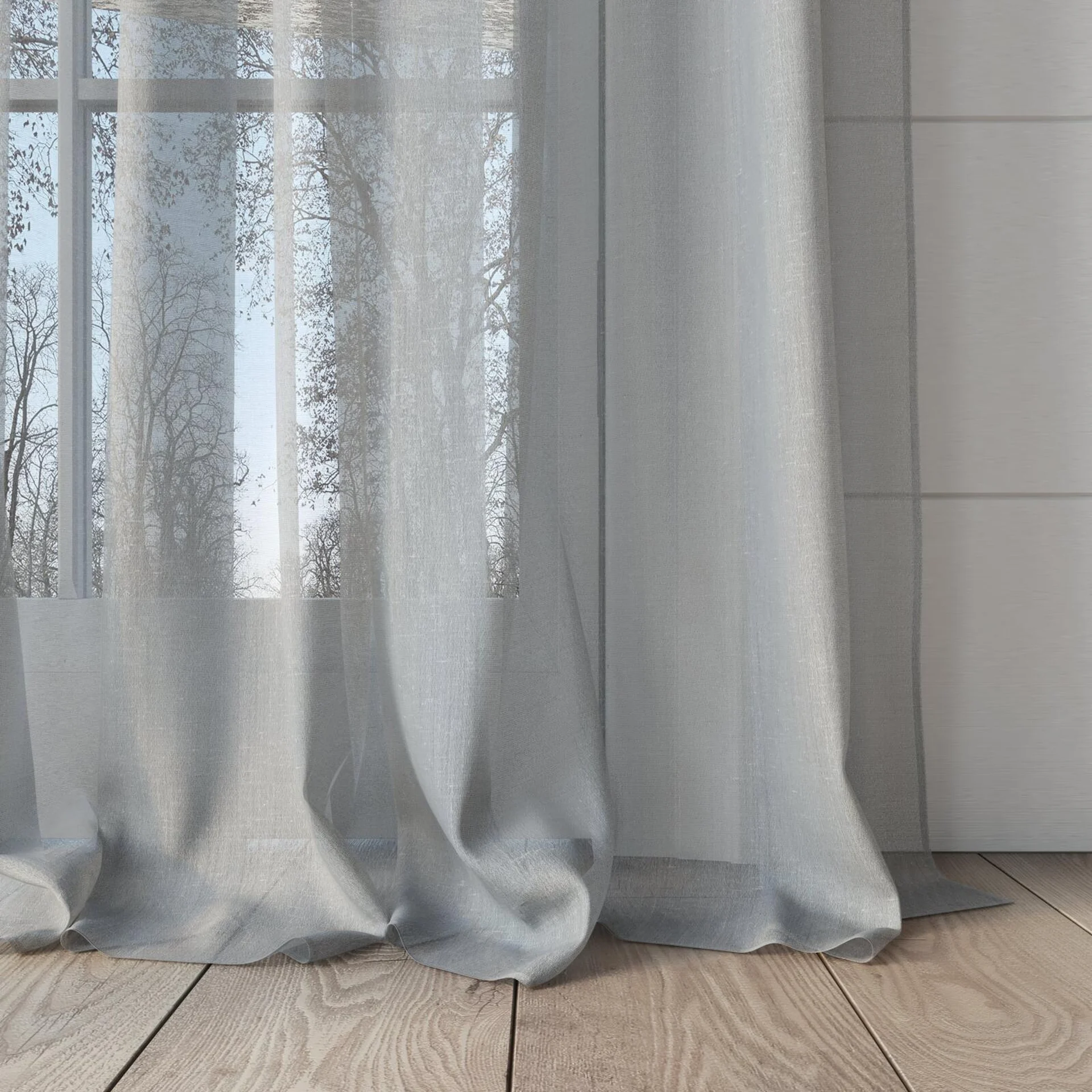 Bottom view of Distill Shadow, puddled, on curtain rod