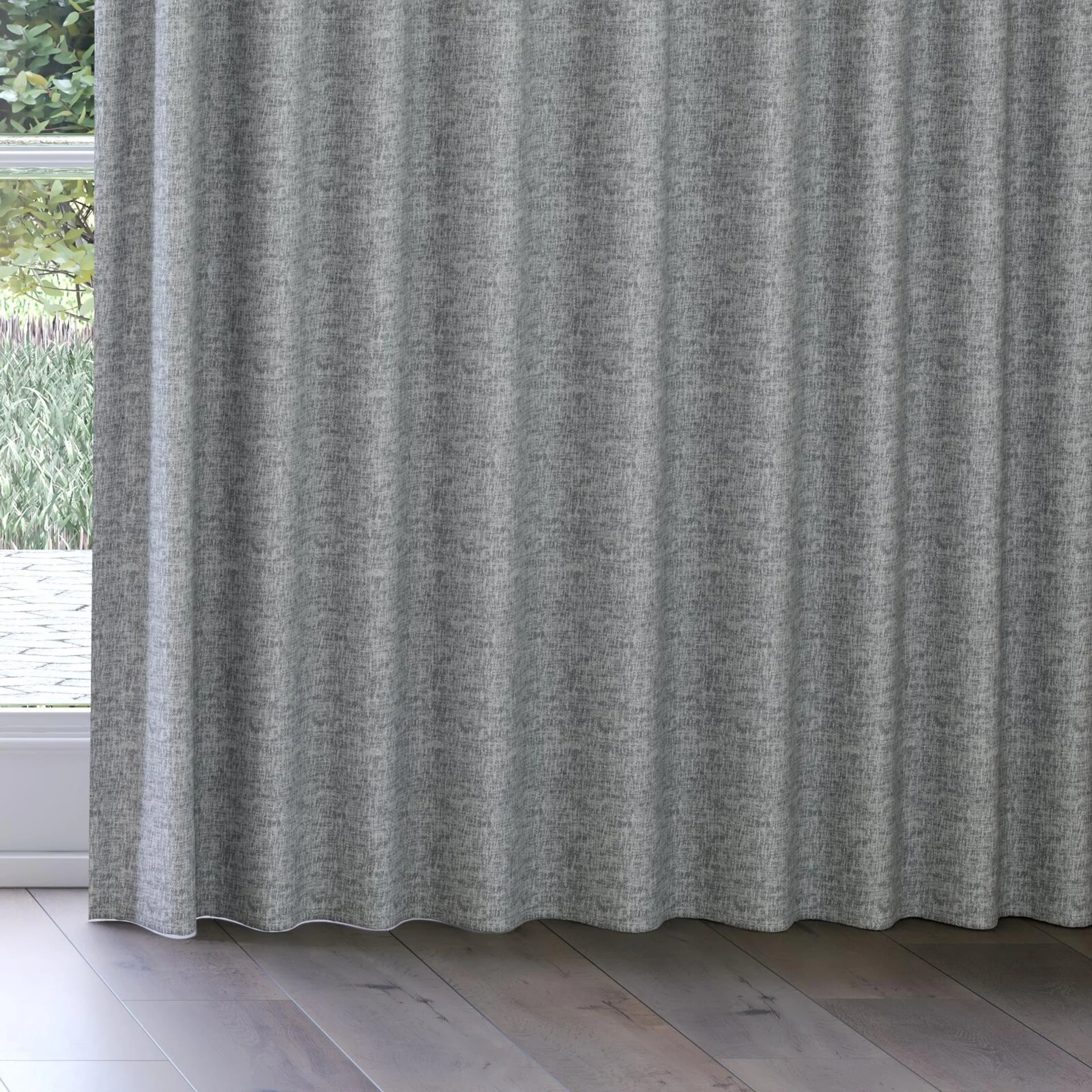 Bottom view of Earthwild Pewter, on curtain rail
