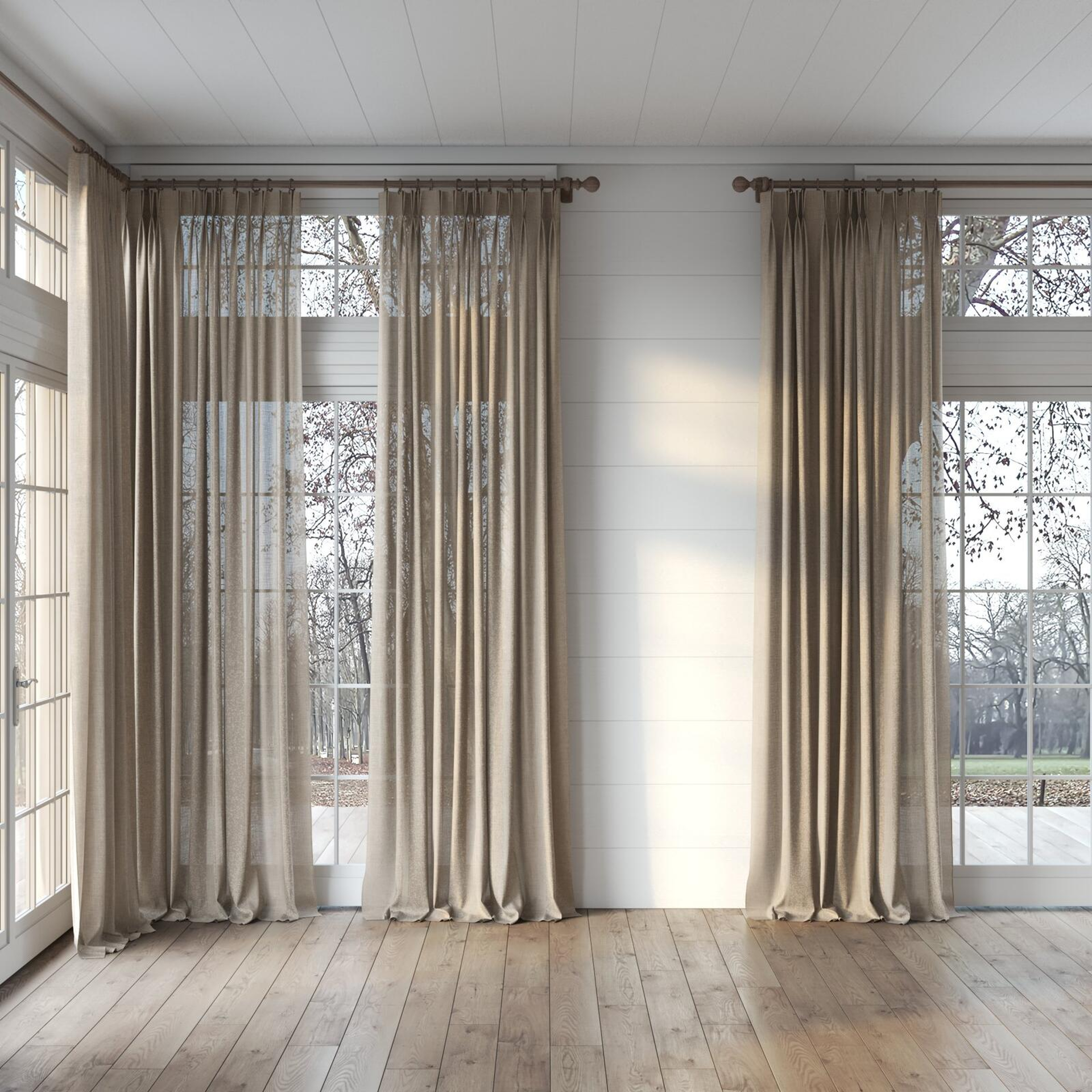 Full view of Motion Partridge, puddled, on curtain rod