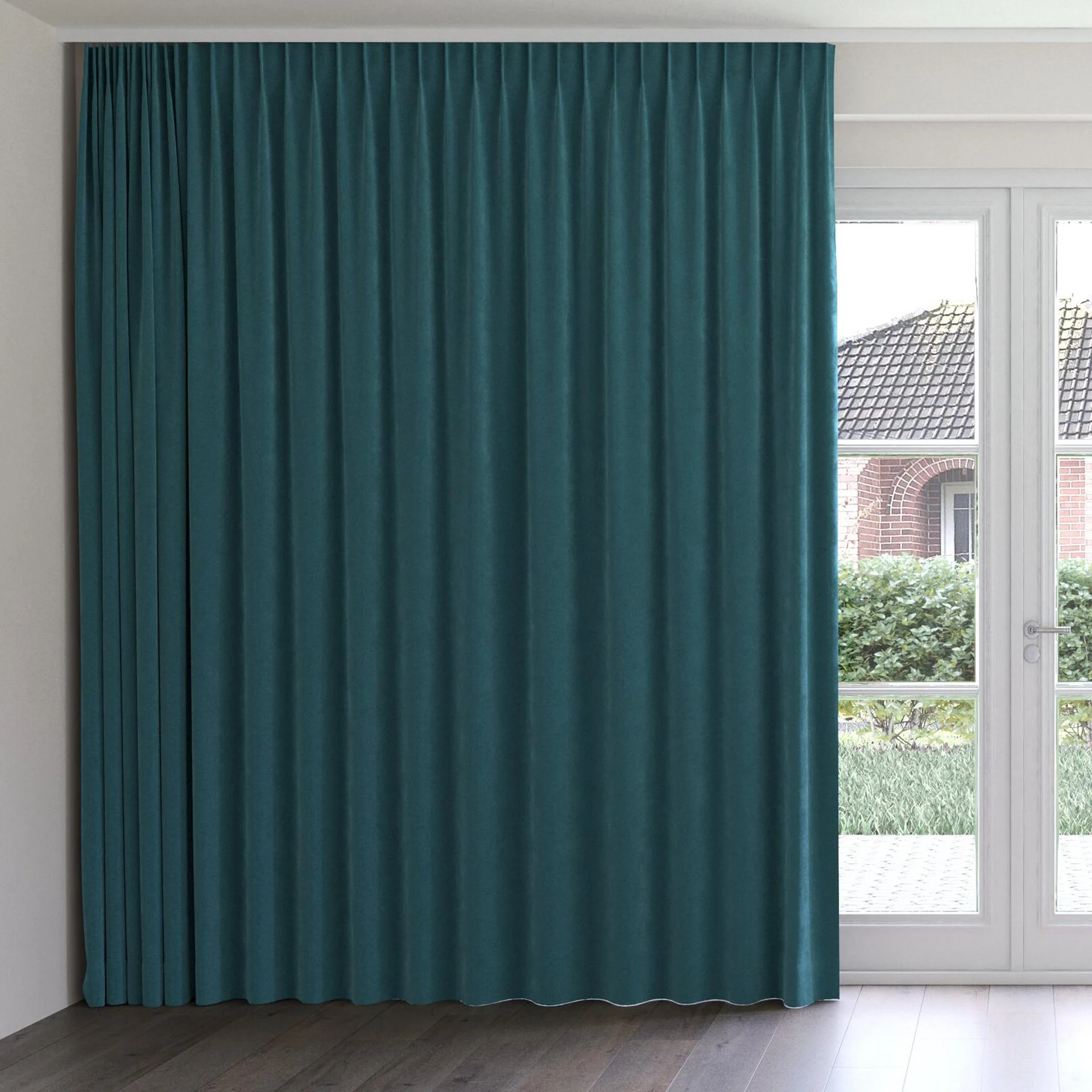 Front view of Lux Velvet Teal 8819, on curtain rail